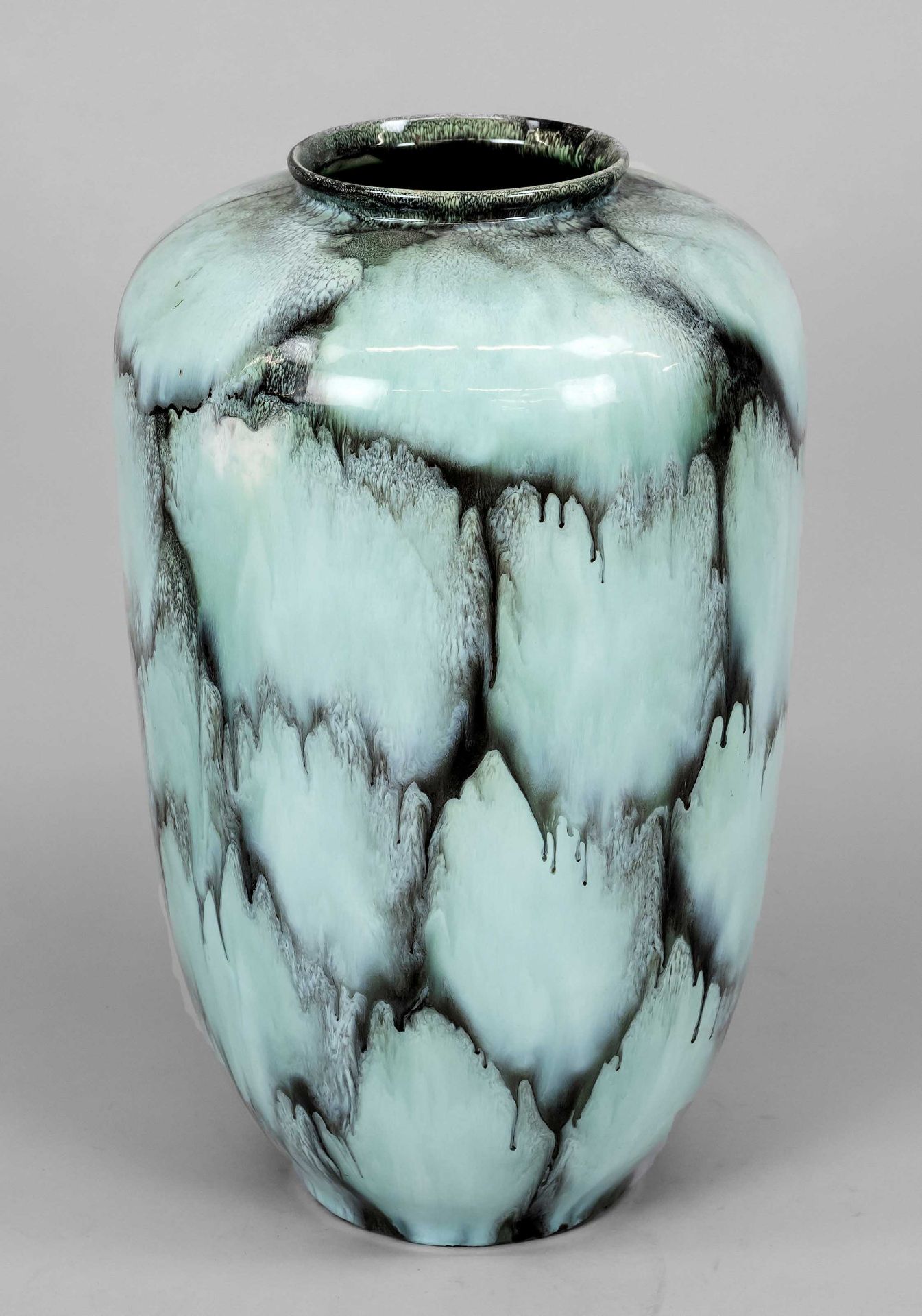 Bottom vase, 20th c., ceramics, light body, barrel glaze in iridescent mint green and black, model