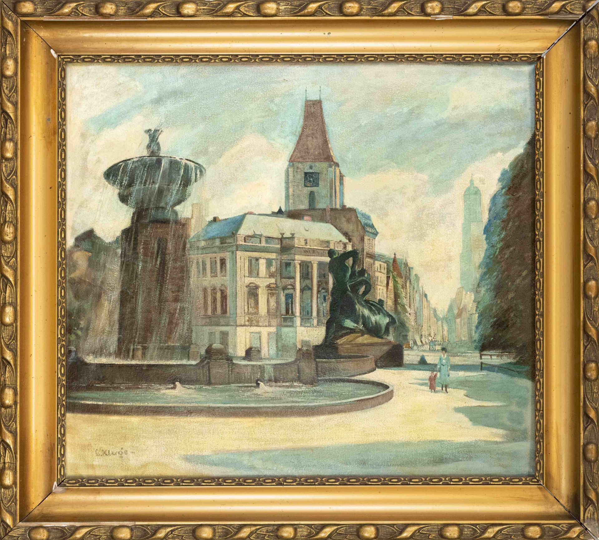 C. Kluge, 1st half 20th c., city view with fountain and street line, oil on paper over cardboard,