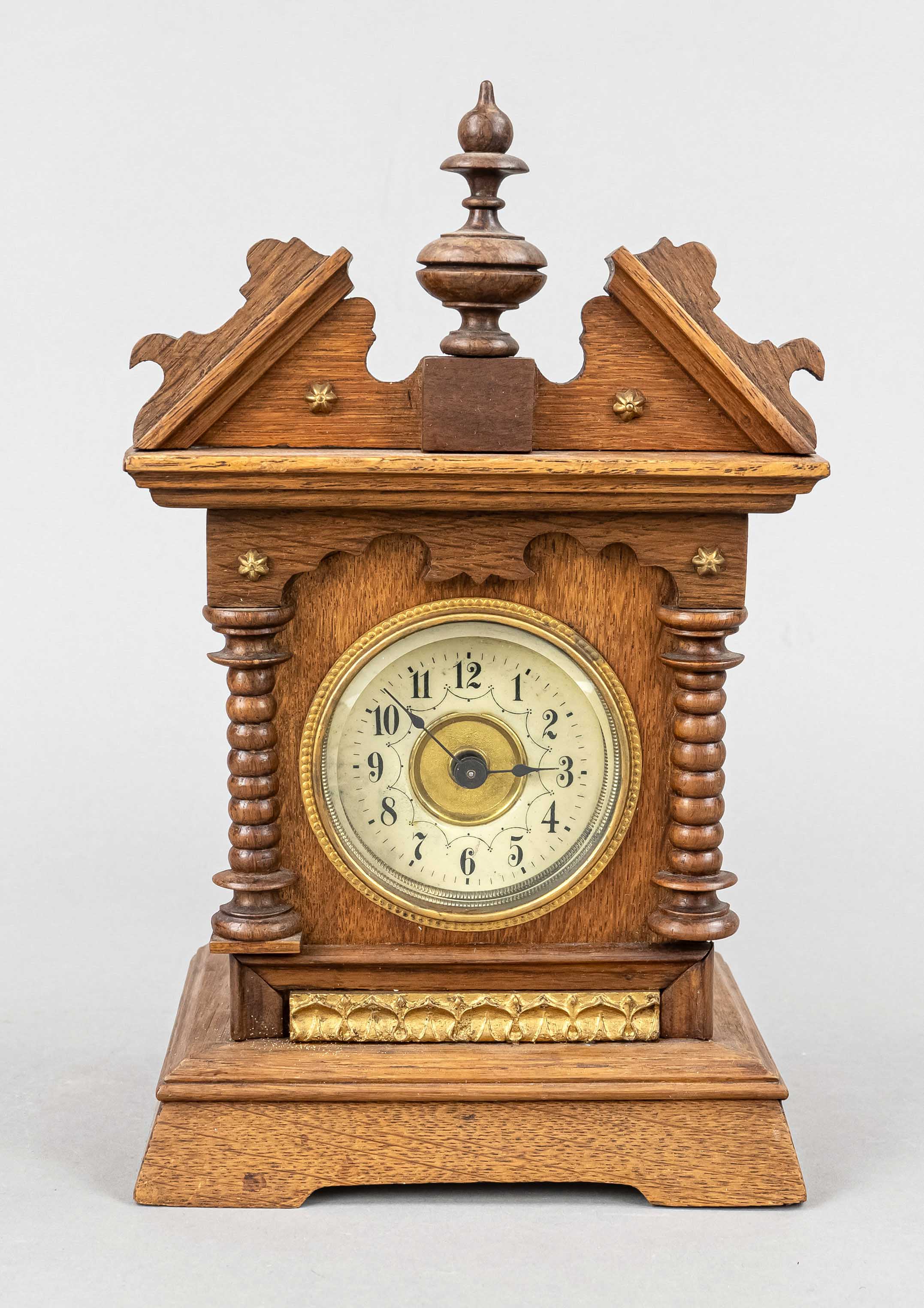 Table clock oak, Junghans around 1900, with music box as alarm movement, architectural design,