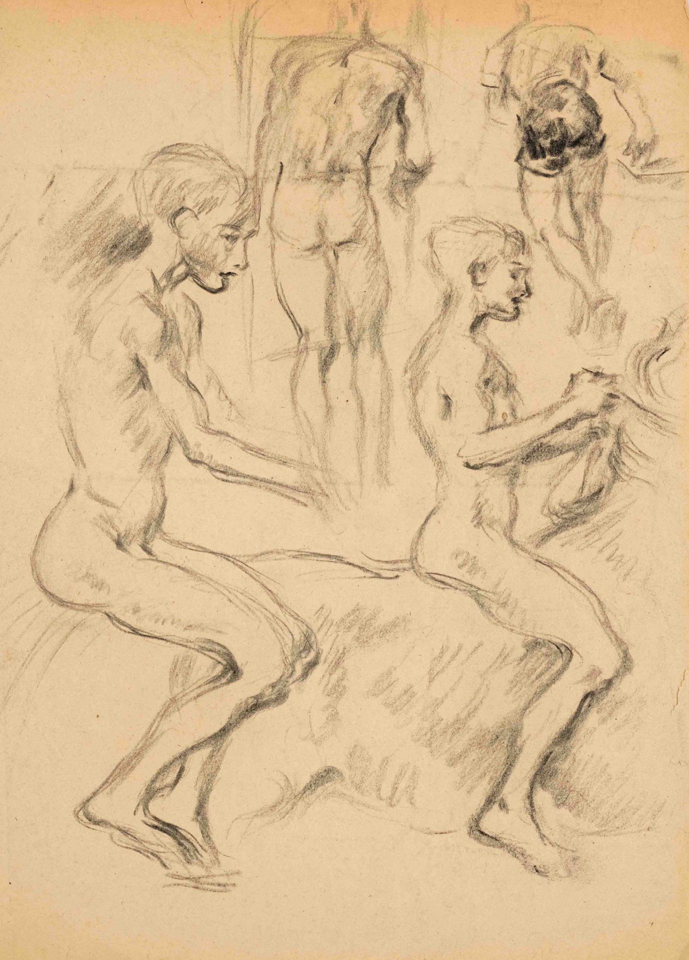 Focke, Wilhelm H. 1878 - Bremen - 1974. study sheet with boy nude on horse. 1940s/50s. Charcoal/