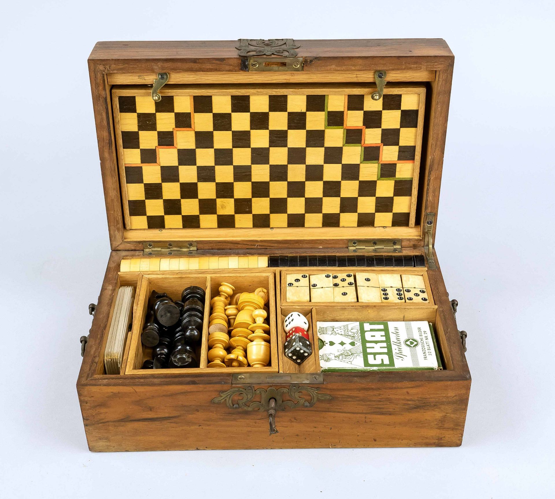 Game box, late 19th c. Rectangular box with hinged lid made of walnut with ornamental openwork brass