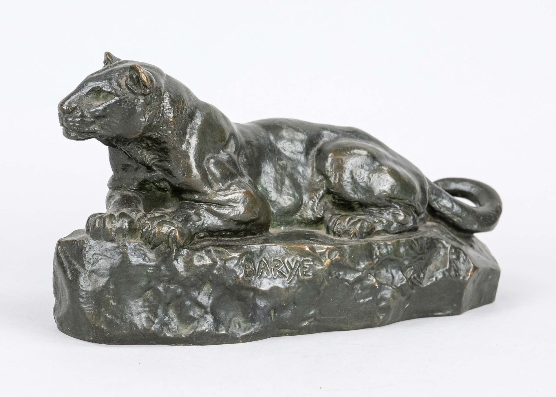 Antoine Louis Barye (1796-1875), lioness reclining on a rock, dark green patinated bronze, foundry
