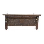 Wardrobe, late 19th c., oak. Architectural structure with profiled cornice. Back wall with relief