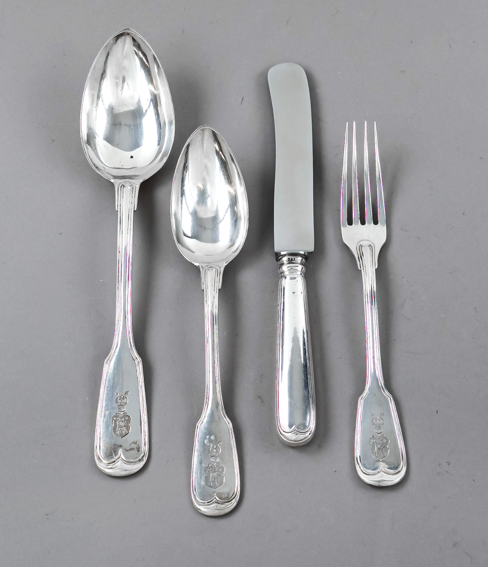 19-piece dinner set for 6 persons, German, around 1900, jeweler's mark Frey & Söhne, silver 750/000,