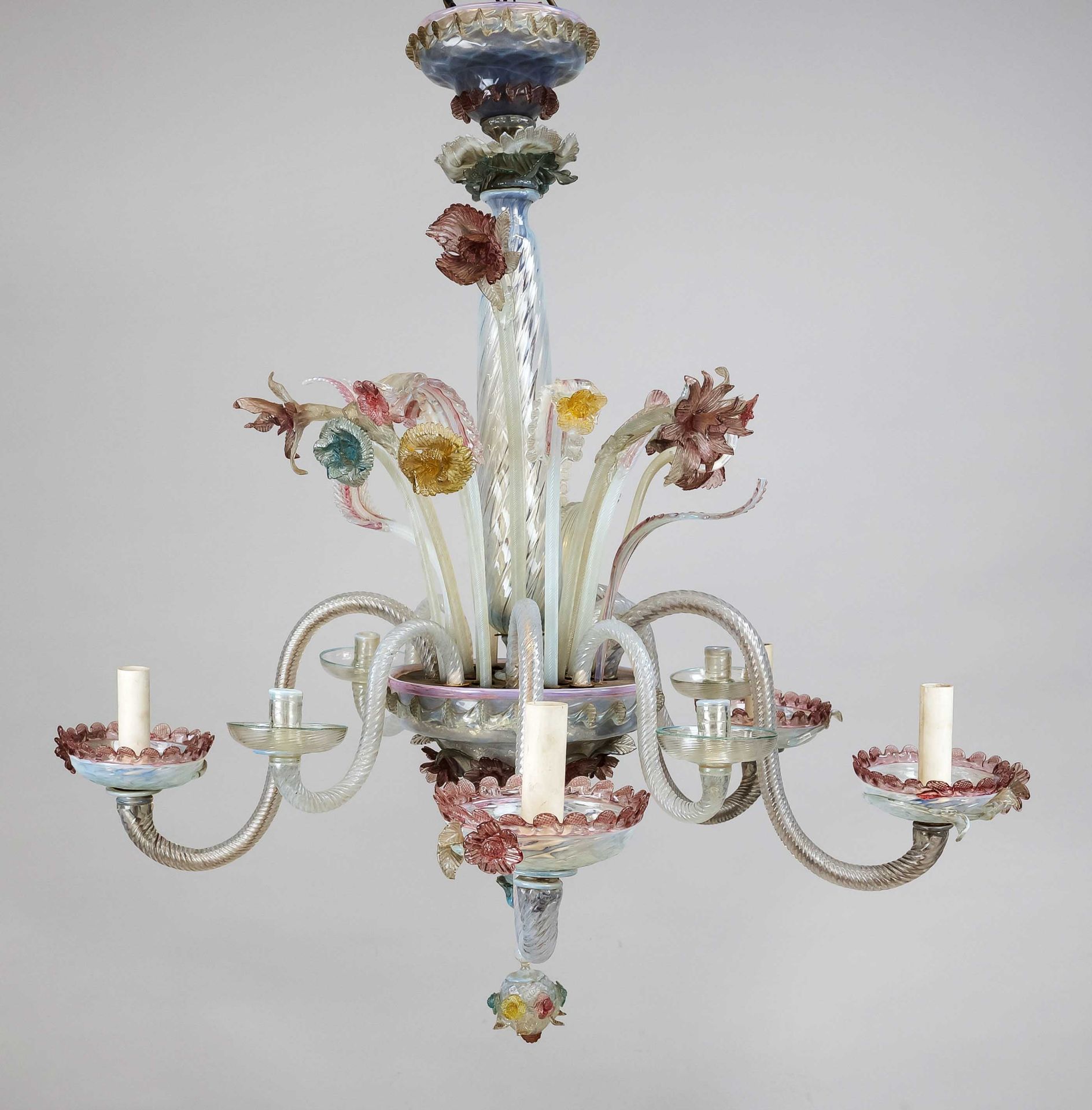 Murano ceiling lamp, Italy, mid-20th c., lavishly balustrated center console with 4 large and 4
