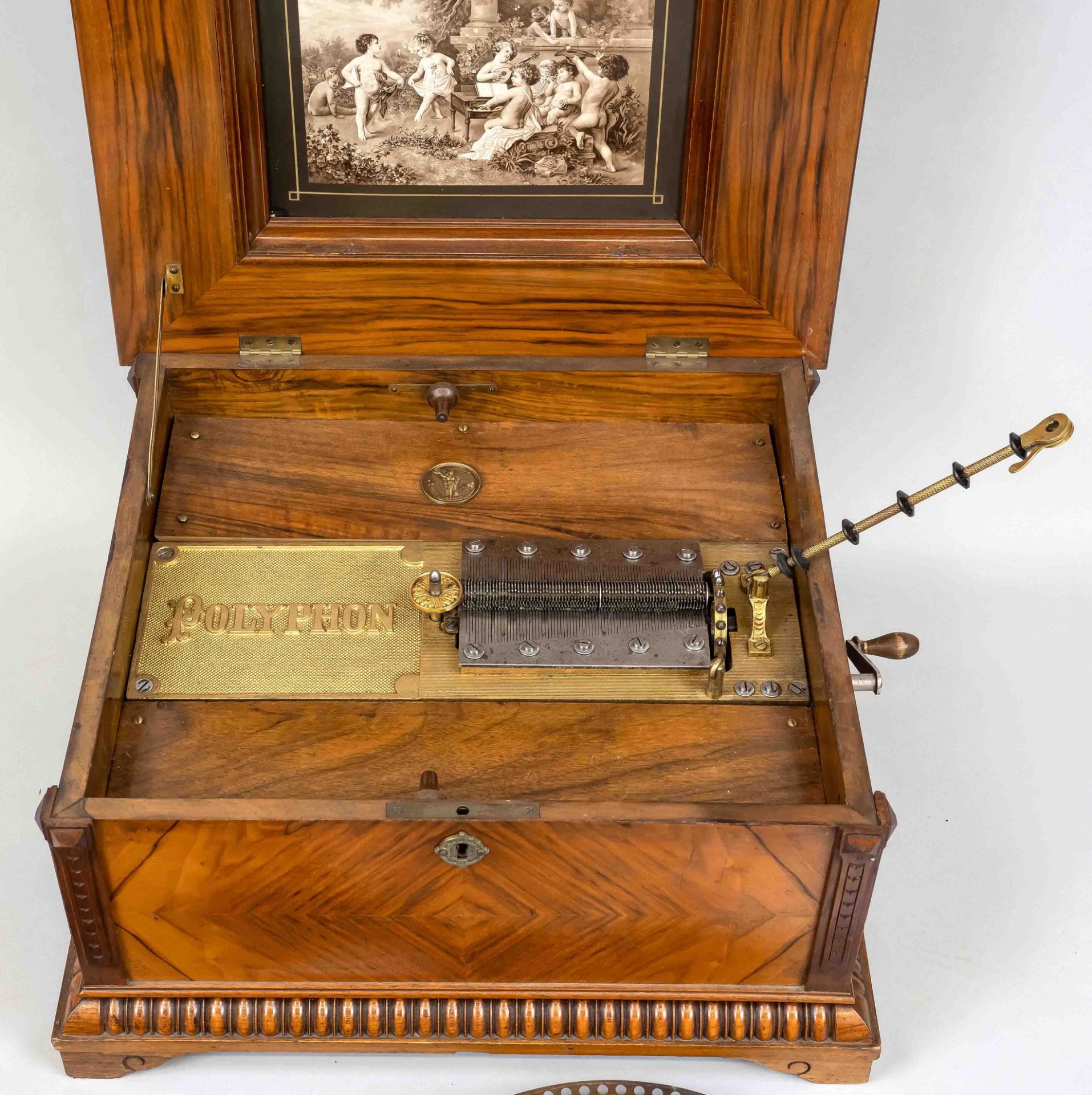 Polyphon (perforated music box), Germany, late 19th century, rectangular body made of walnut with - Image 2 of 2