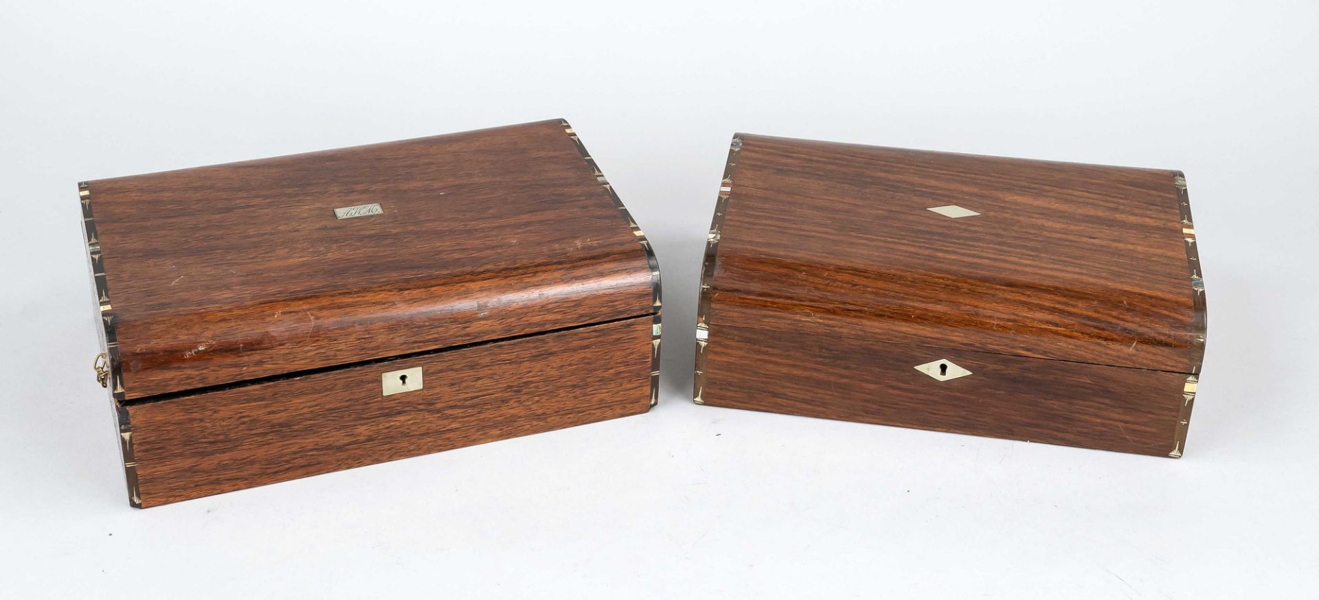 2 lidded boxes, 19th/20th c., mahogany? rectangular form with hinged lid, slightly rubbed, to 9 x 28