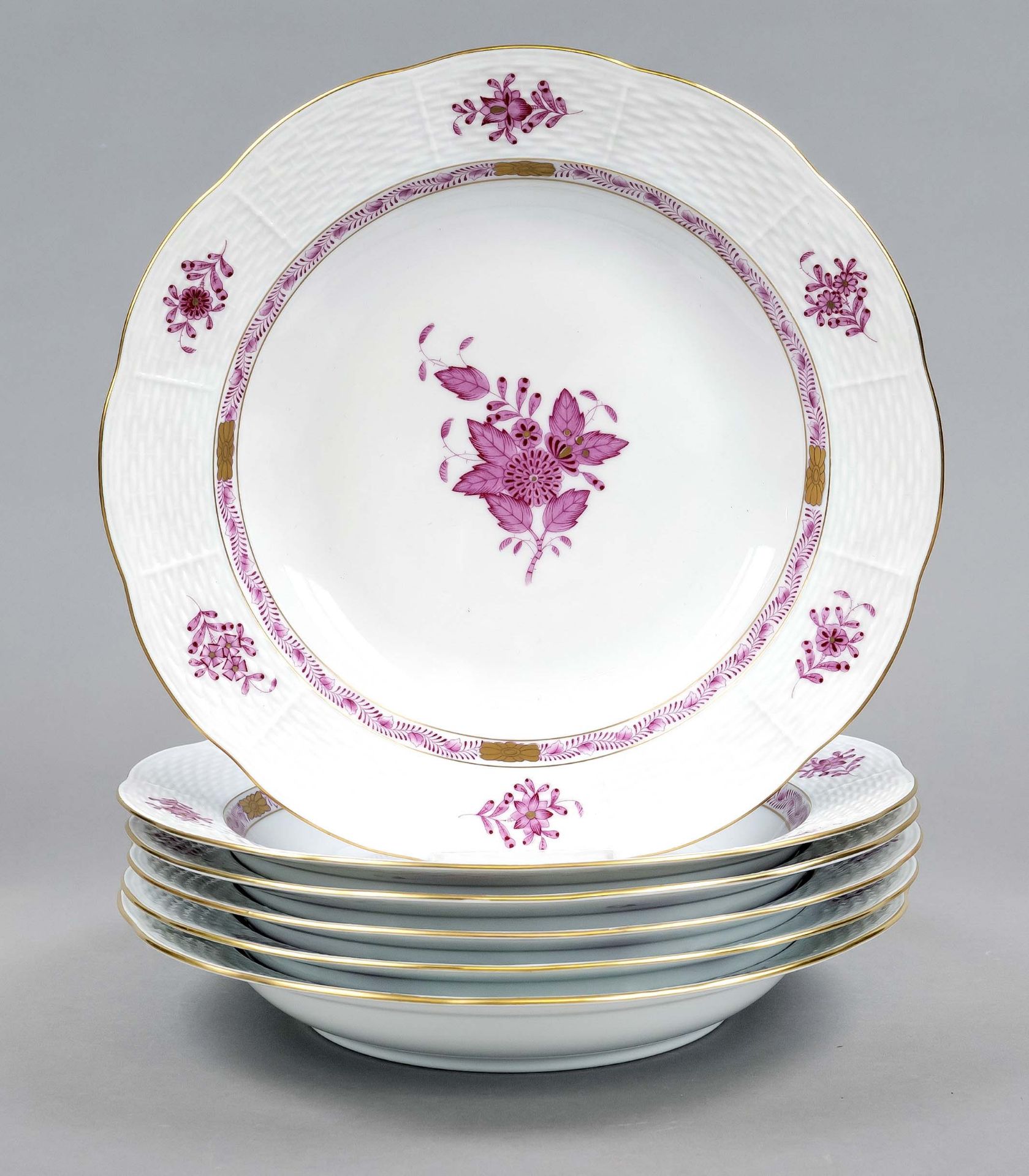 Six deep plates, Herend, 20th century, Ozier form, Apponyi decor in purple, ornamental gilding,