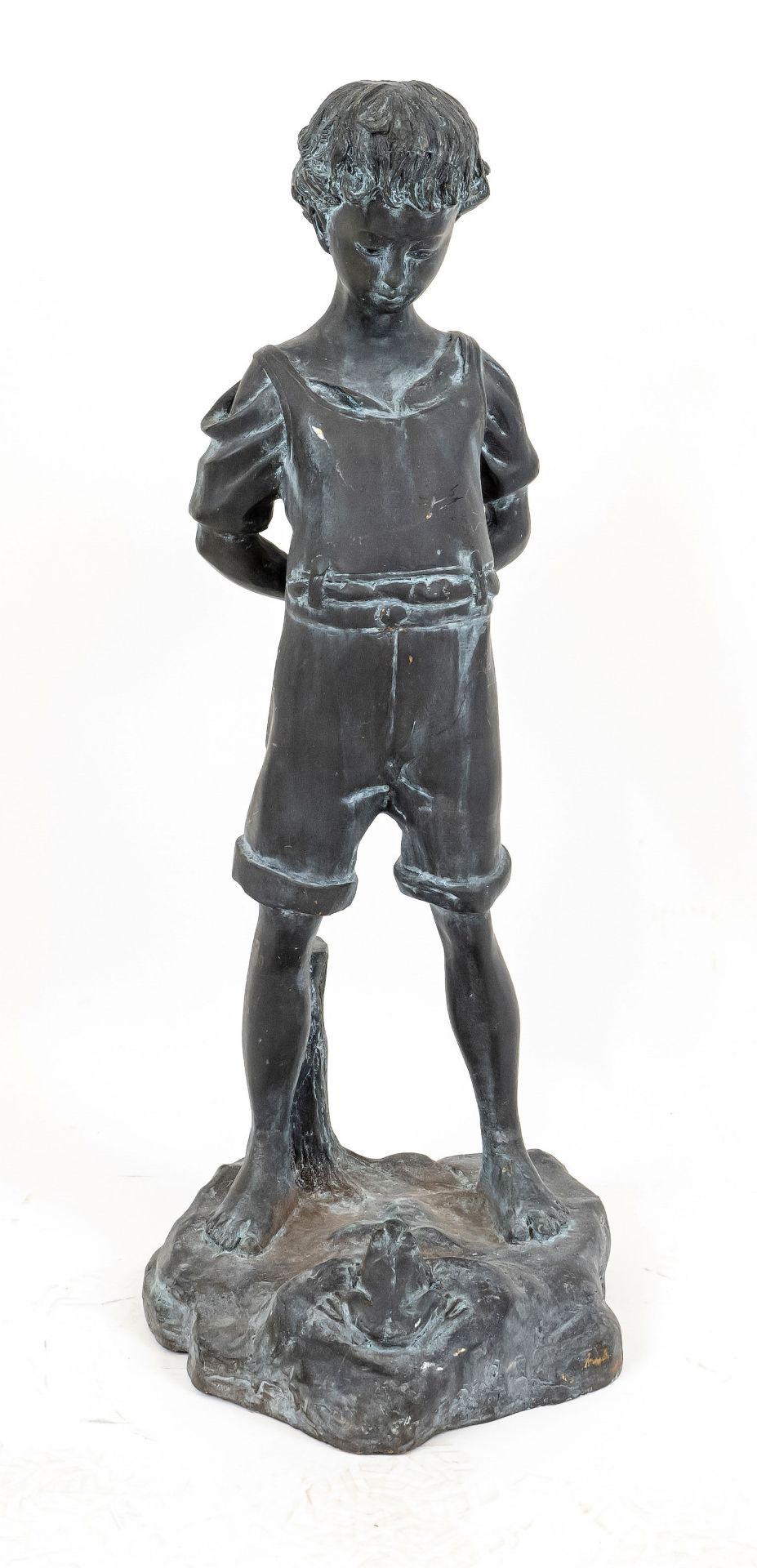 Anonymous sculptor 1st h. 20th c., large bronze sculpture of a boy hiding a knife behind his back,