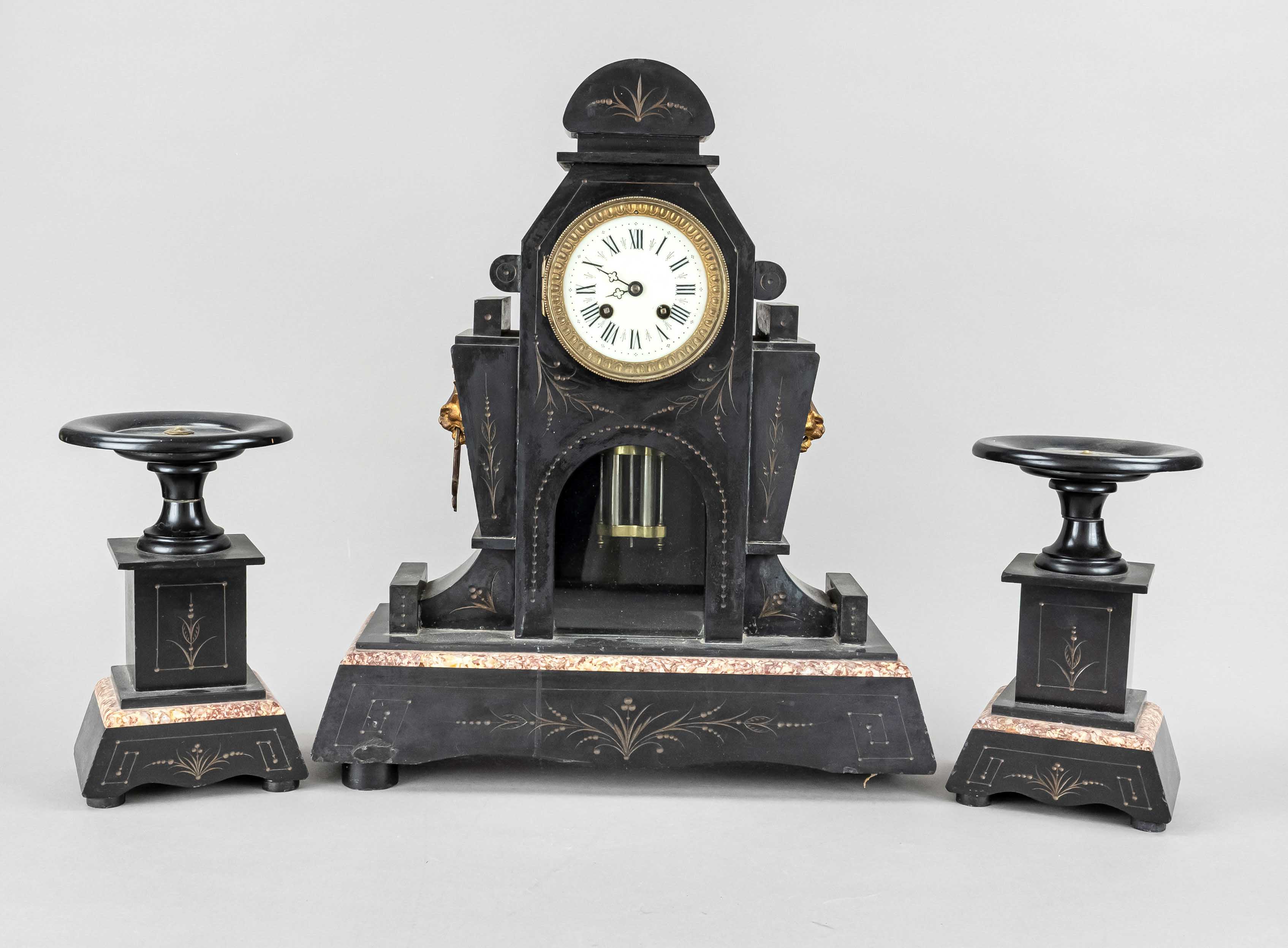 3-piece marble clock set, 2nd h.19th c., black marble red/brown trimmed, with gilded incised
