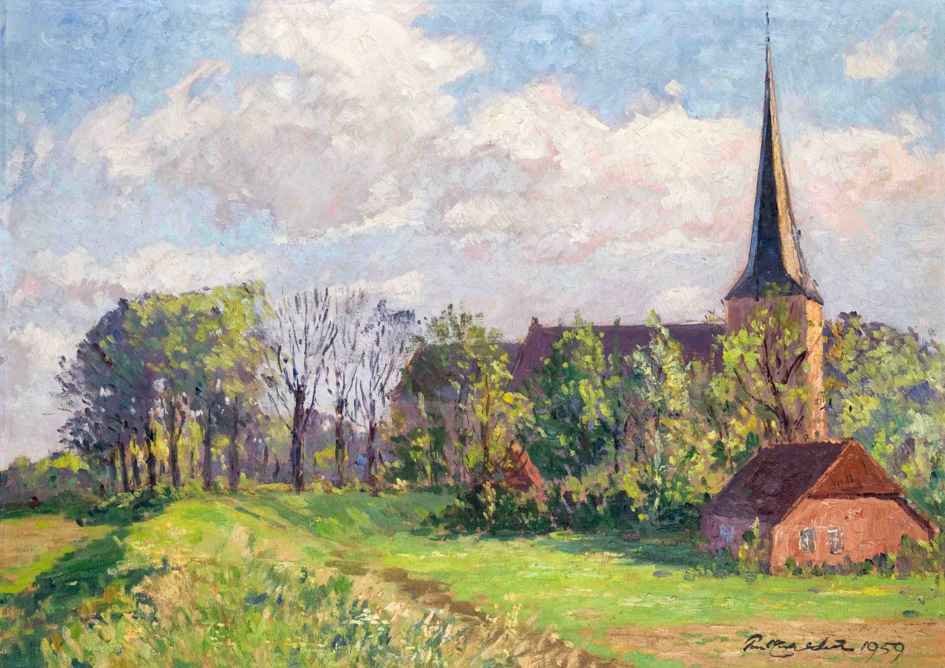 Wilke, Paul Ernst. 1894 Bremerhaven - 1971 Lilienthal. Church in Blexen. 1959. oil/hardboard, bottom