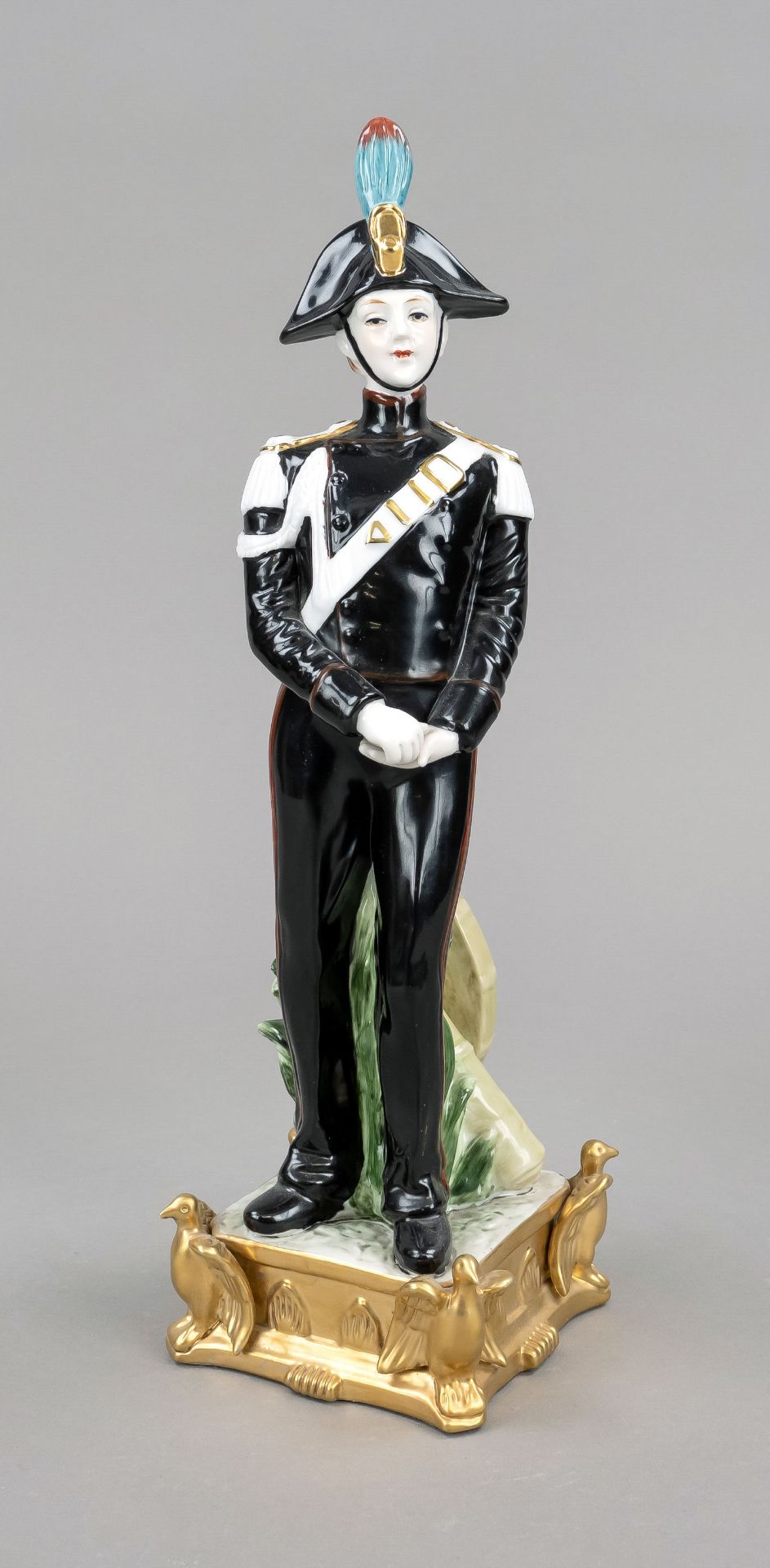 Soldier figure, Meissen imitation mark, 20th c., standing officer in uniform, on square plinth, this