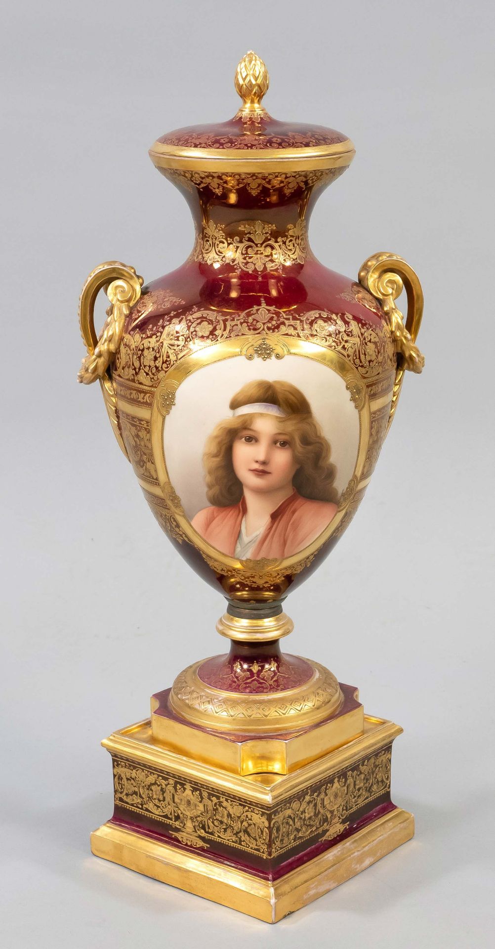 Large lidded vase, w. Vienna, c. 1900, grand lidded vase with portrait of a young girl, signed