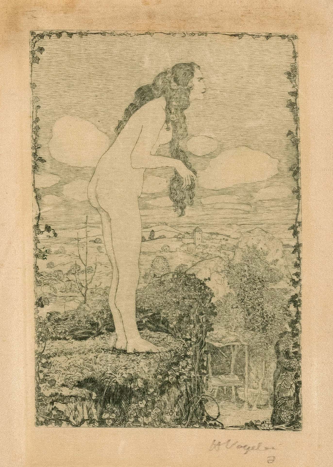 Vogeler, Heinrich. 1872 Bremen - 1942 Kazakhstan. The Nymph. 1907. rare etching in green/atlas silk,