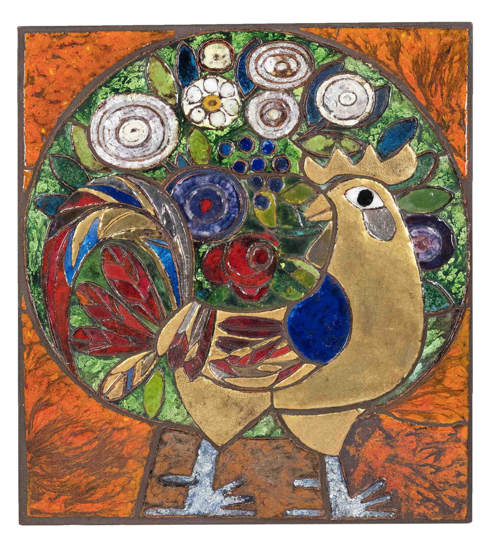 Weichberger, Heide. 1922 - Bremen - 1980. rooster standing in front of a floral don. Large wall