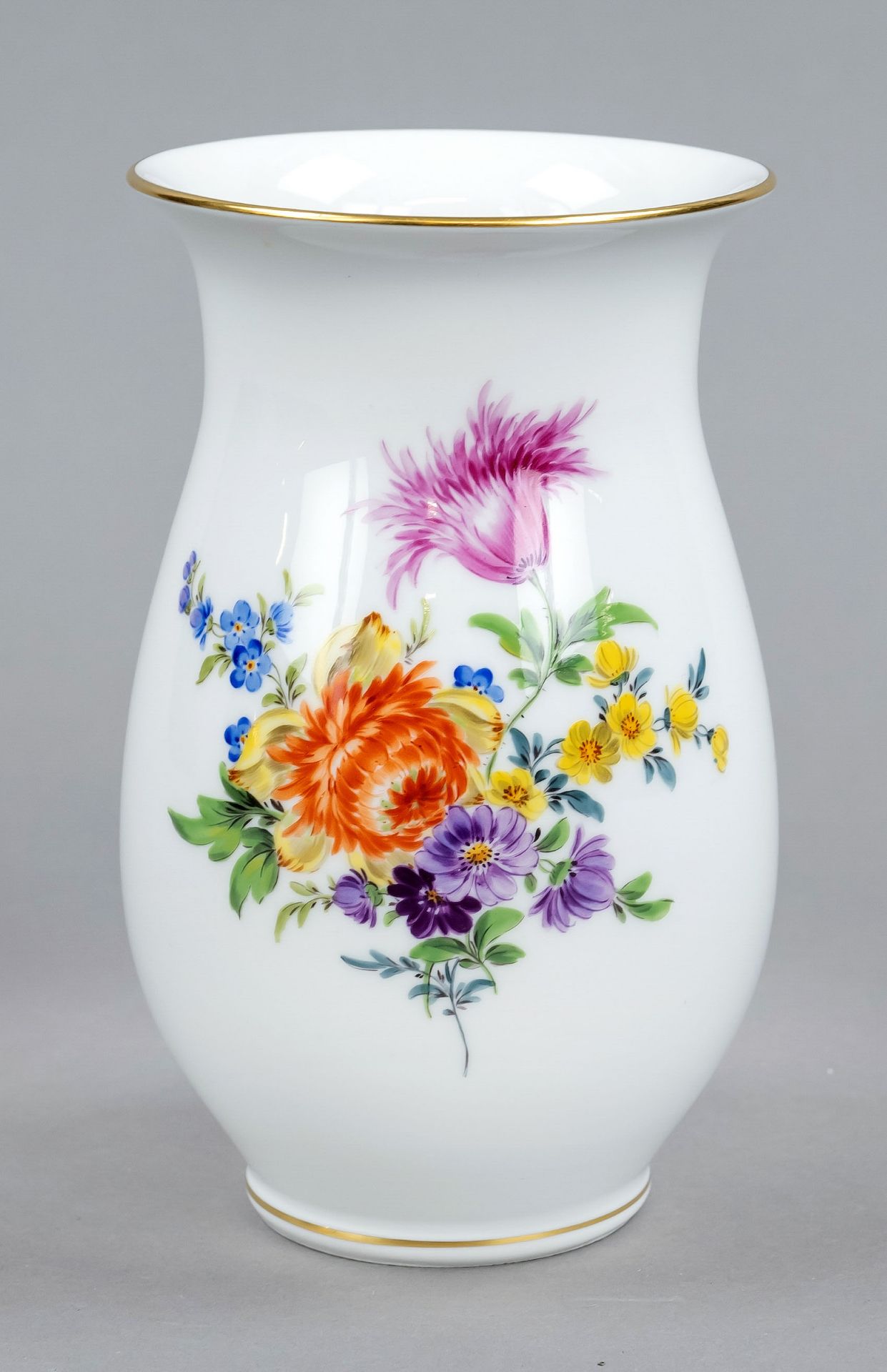 Vase, Meissen, mark 1953-57, 1st choice, baluster shape, decor Colorful flower, gold rim, h. 16,5