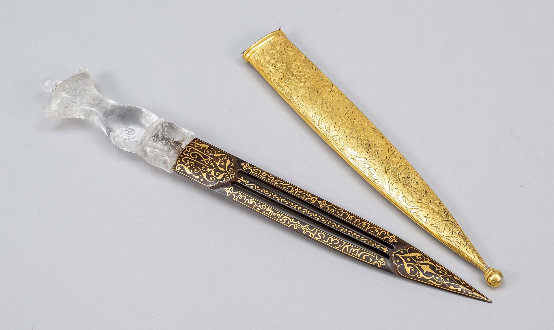 Kard, India, 19th/20th c. Straight, double-edged blade with openings, inscriptions and floral gold