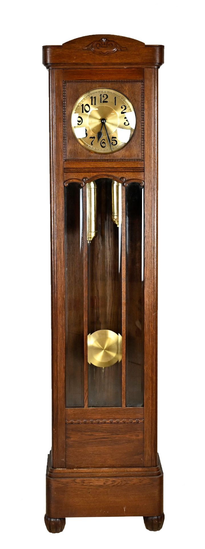 Grandfather clock, German circa 1910, oak, with perlage and carvings, gold dial with black arab.