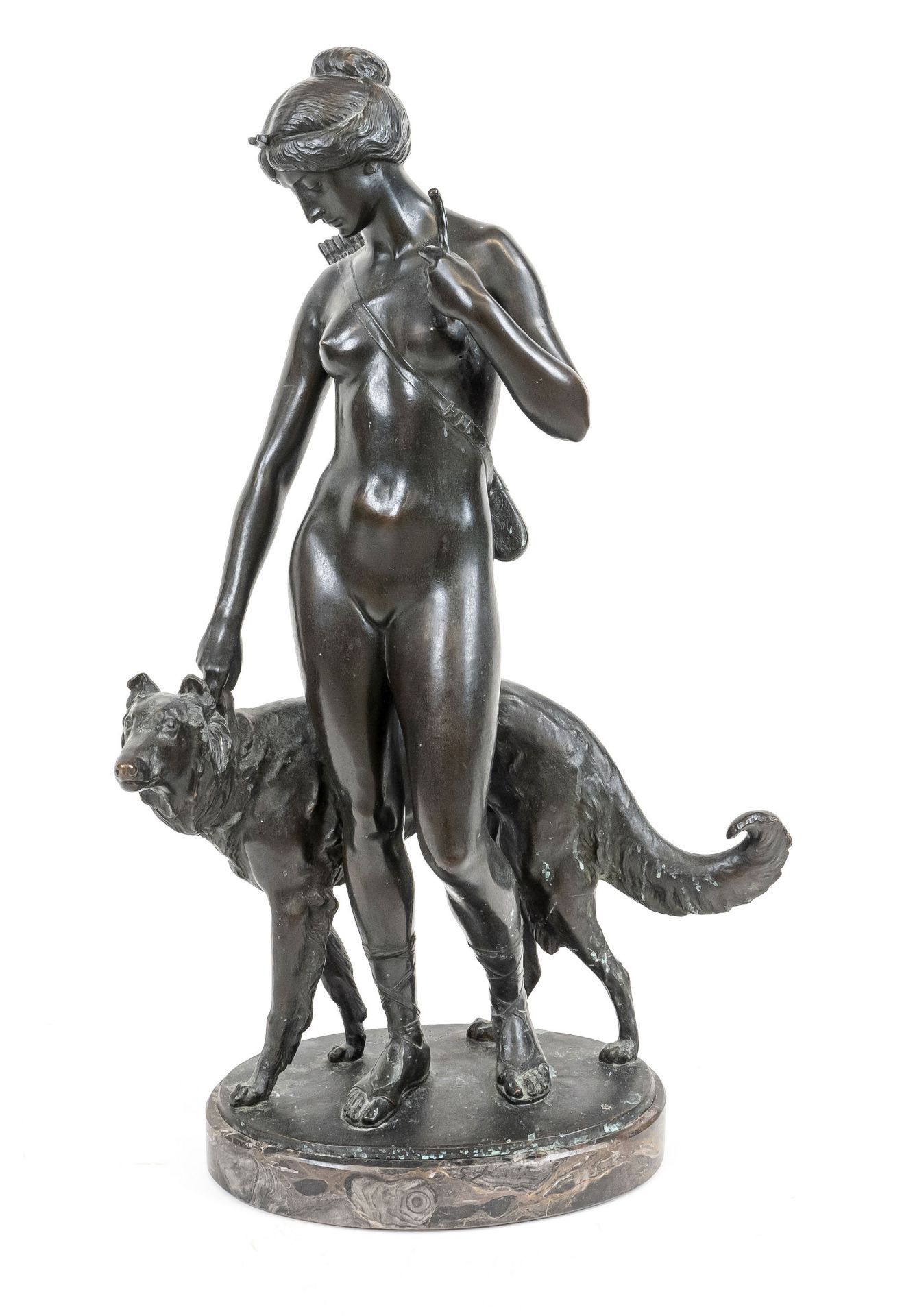 Adolf Müller-Crefeld (1863-1934), Diana with wind hat, large bronze statue on oval marble plinth,