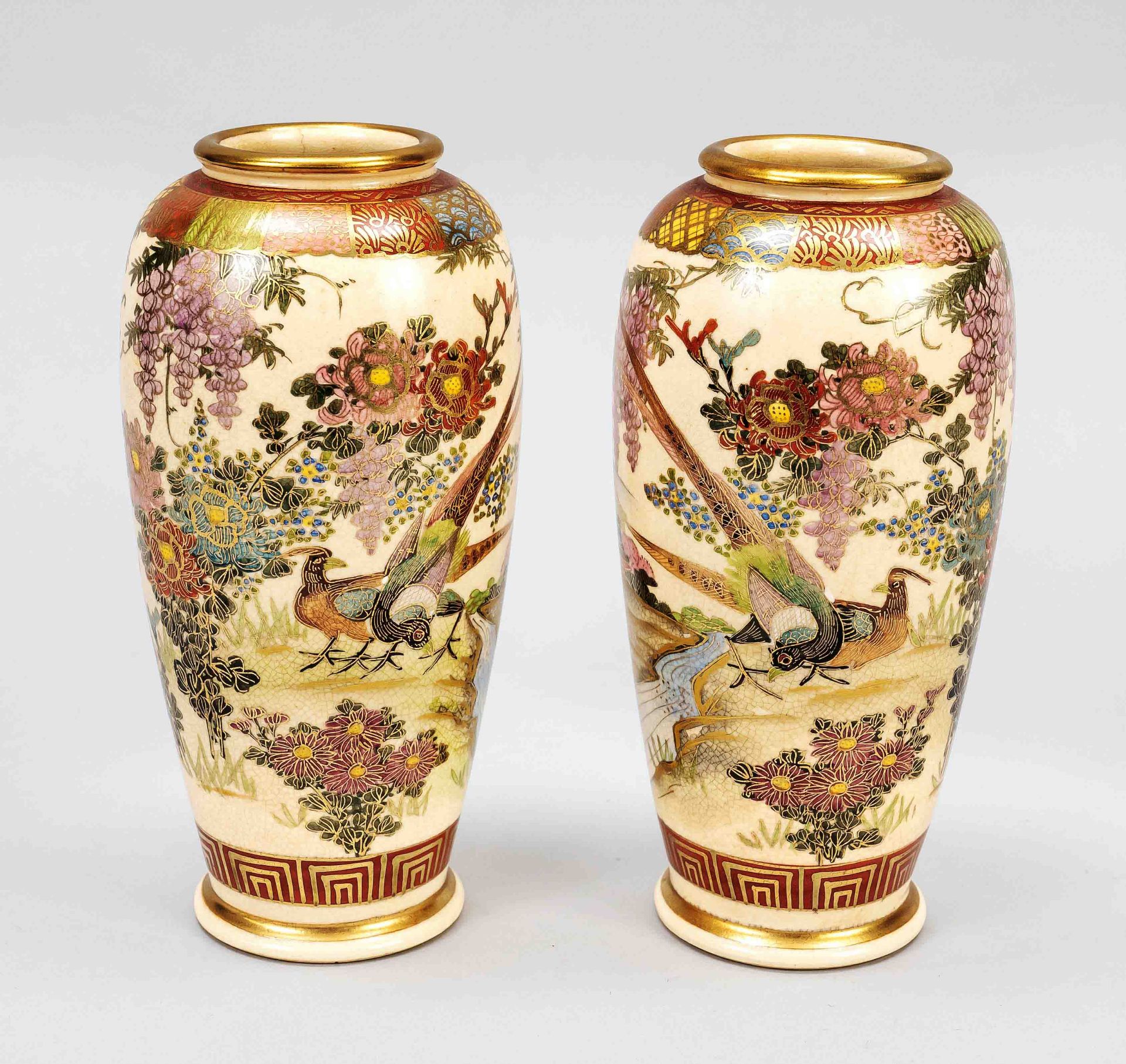 Pair of Satsuma vases, Japan, 20th c., beautiful large flower vases with ivory colored body and fine