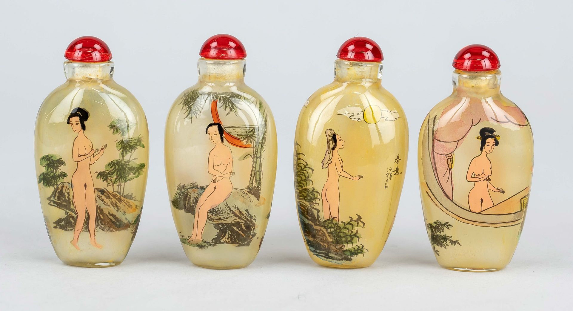 Four bumsfide snuffbottles ''Air-dressed palace ladies in search of sensuality'', China, 20th c.,