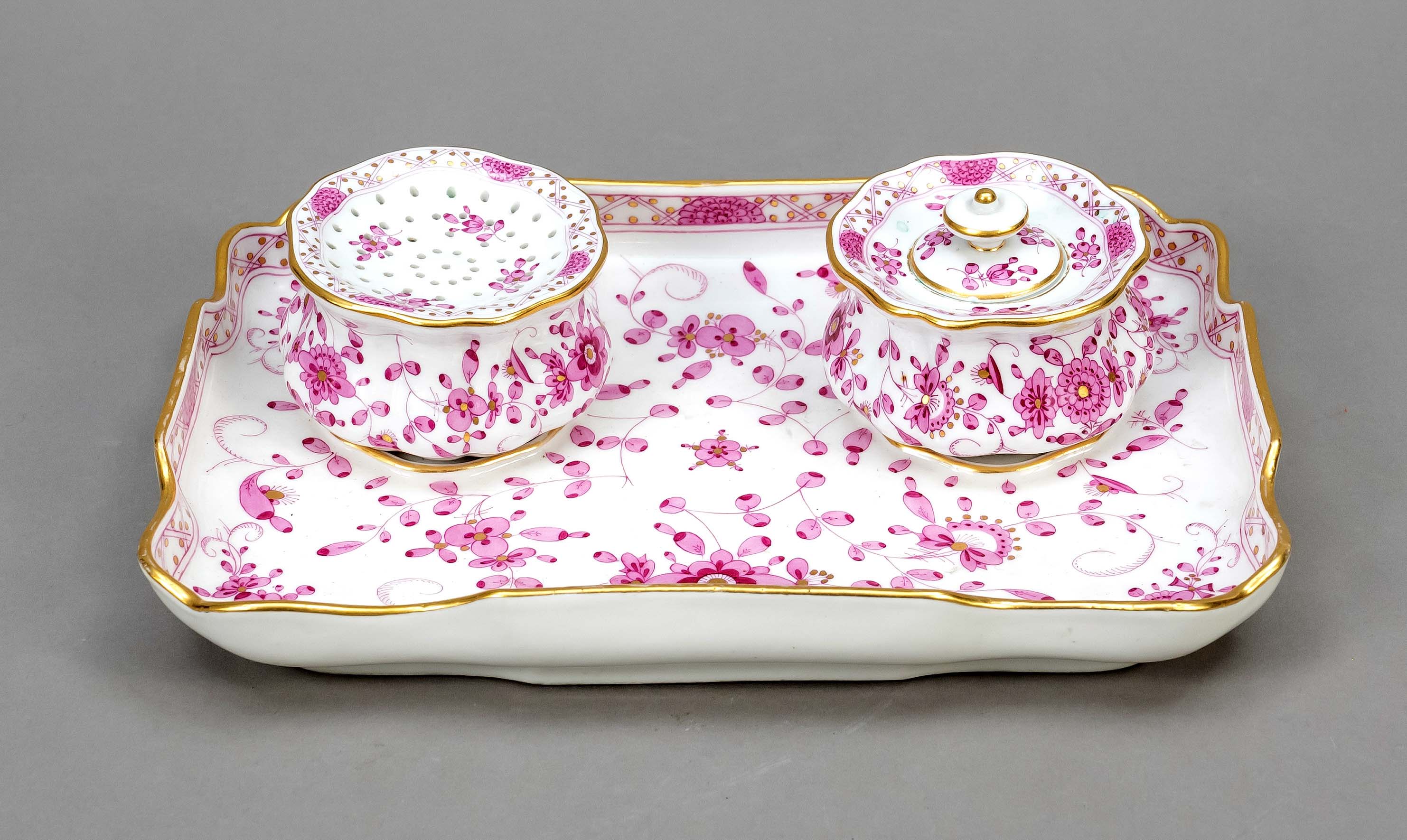 Desk set, 3 pieces, Meissen, Knauff swords 1850-1924, 1st choice, decor Indian purple, model no. Y