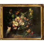 Carl Heinrich Küpper (1864-?), Munich painter, large floral still life with cockatoo, lizard and