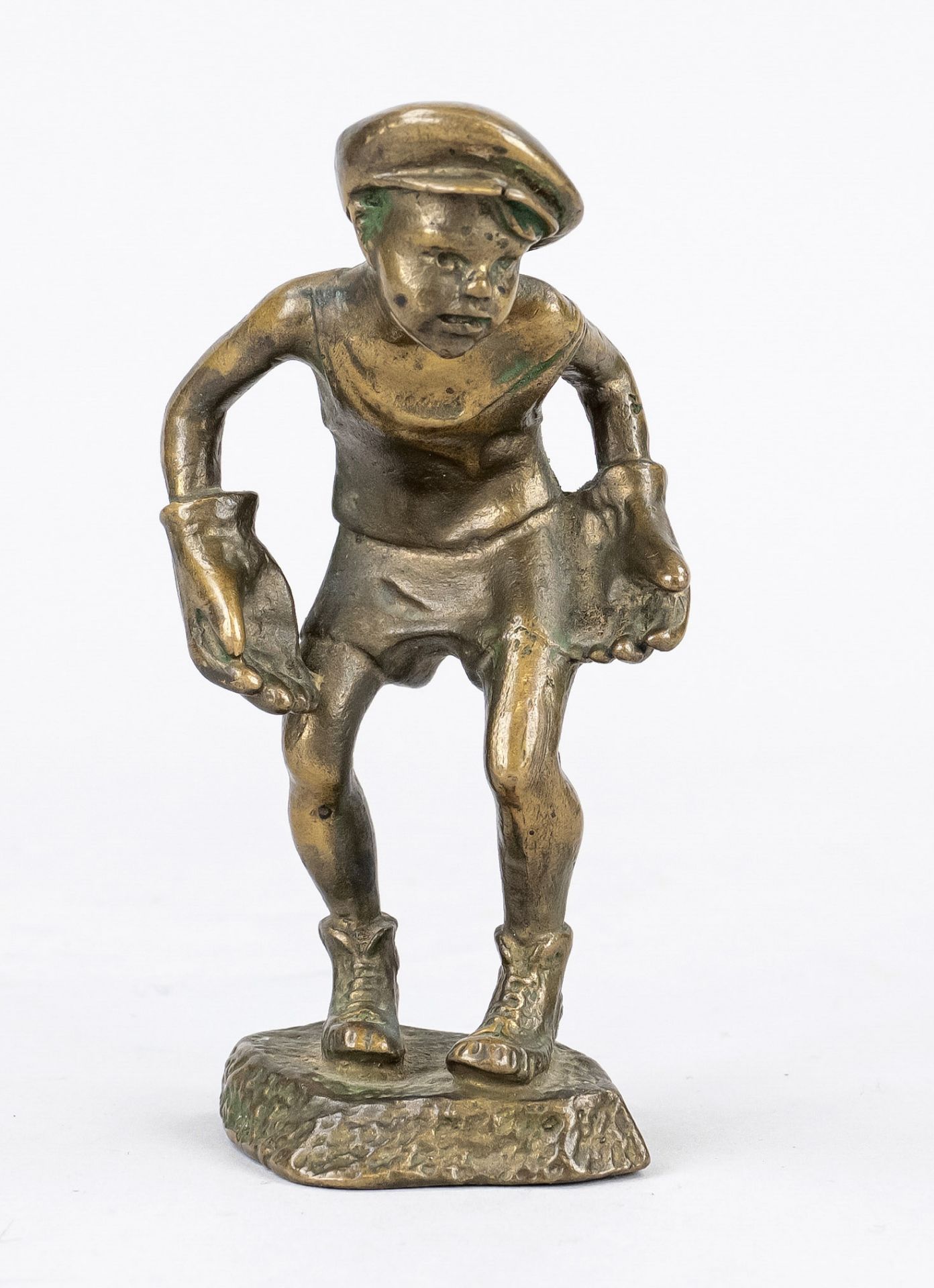 Soviet sculptor of the 20th century, small goalkeeper, greenish patinated bronze on a naturalistic
