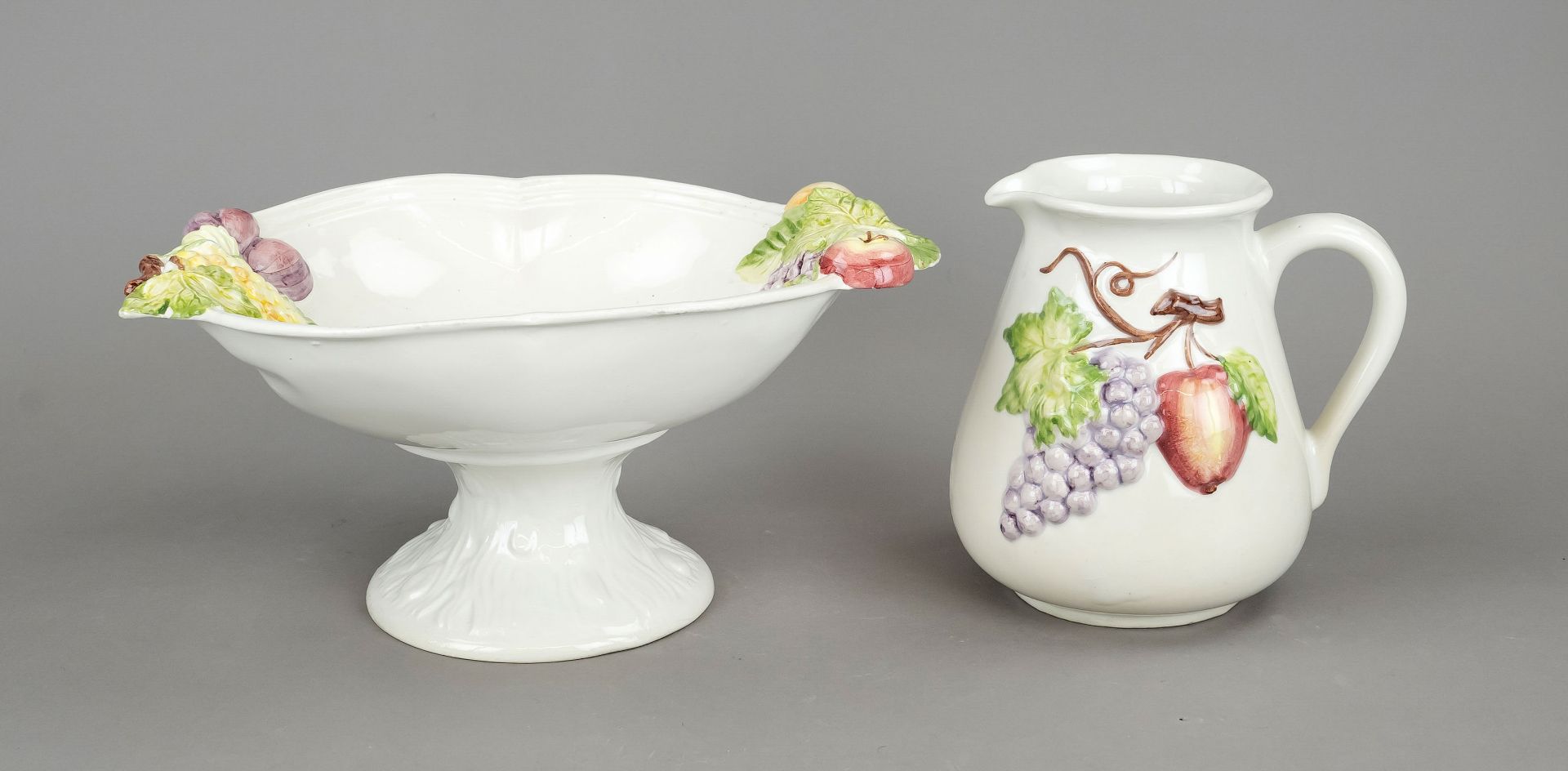 Fruit bowl and jug, ceramic, 20th c., grapes and apples in relief, polychrome glazed in naturalistic