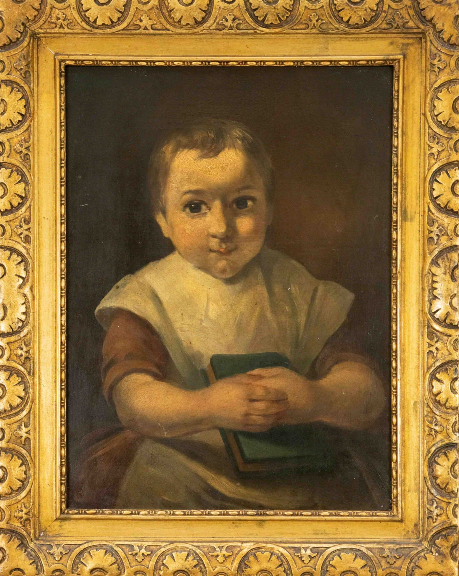 Anonymous portrait painter of the 19th century, portrait of a small child with book, oil on wood,