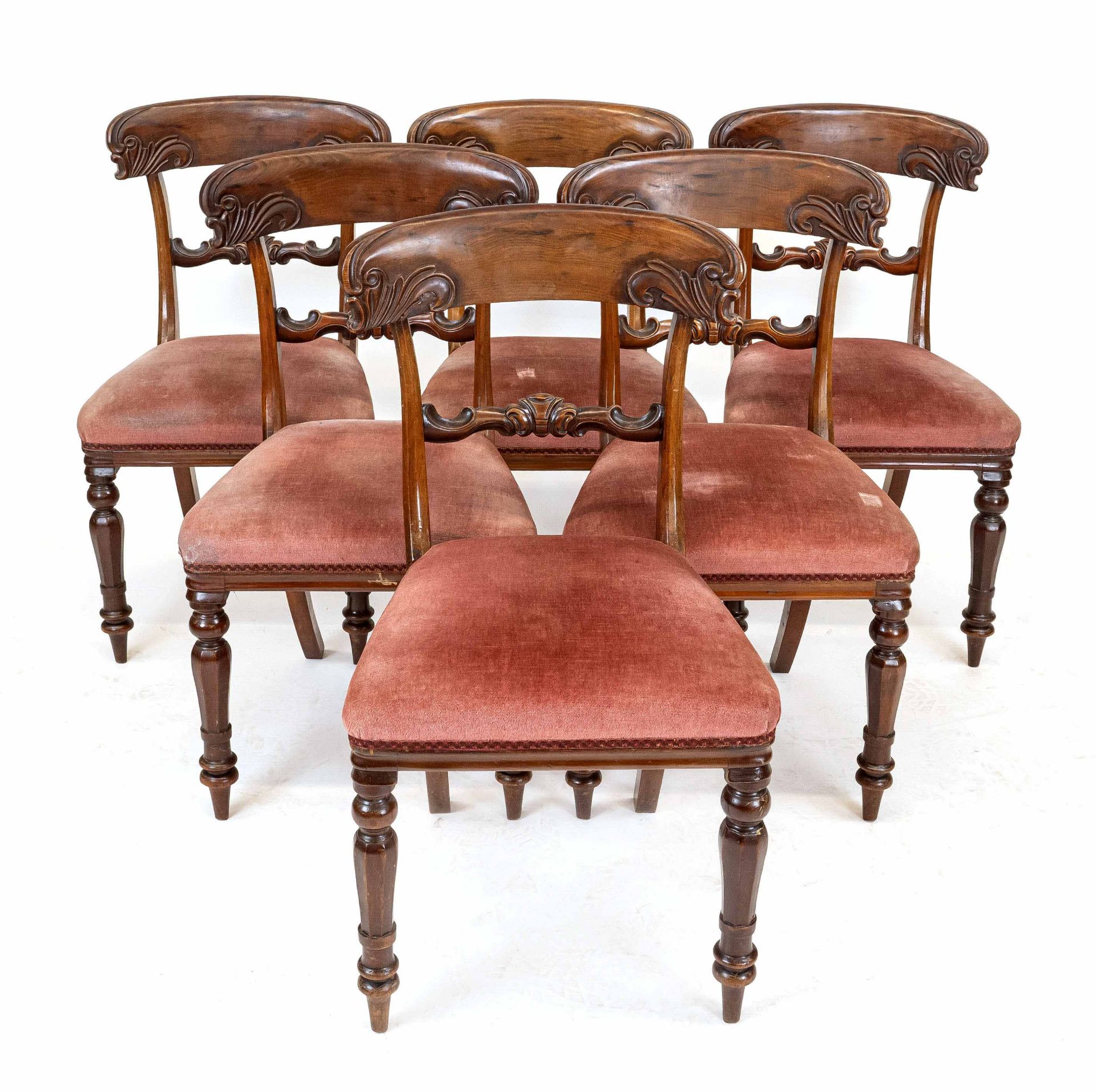 Set of six chairs around 1850, mahogany, salmon colored upholstery, 88 x 50 x 41 cm.