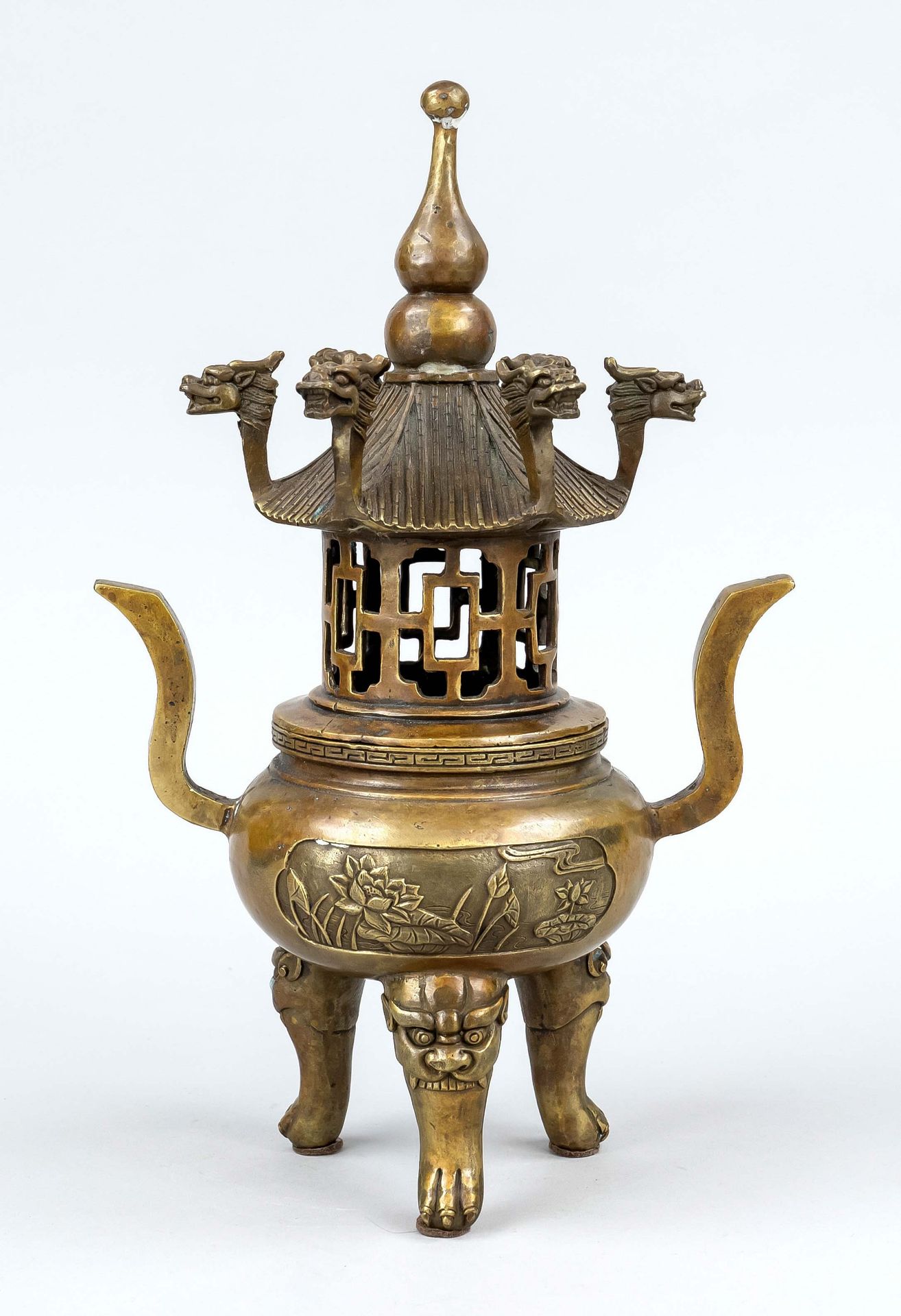 Tripod incense burner model ''Pagoda'', China, 20th c., yellow metal, six-character mark XUANDE, h