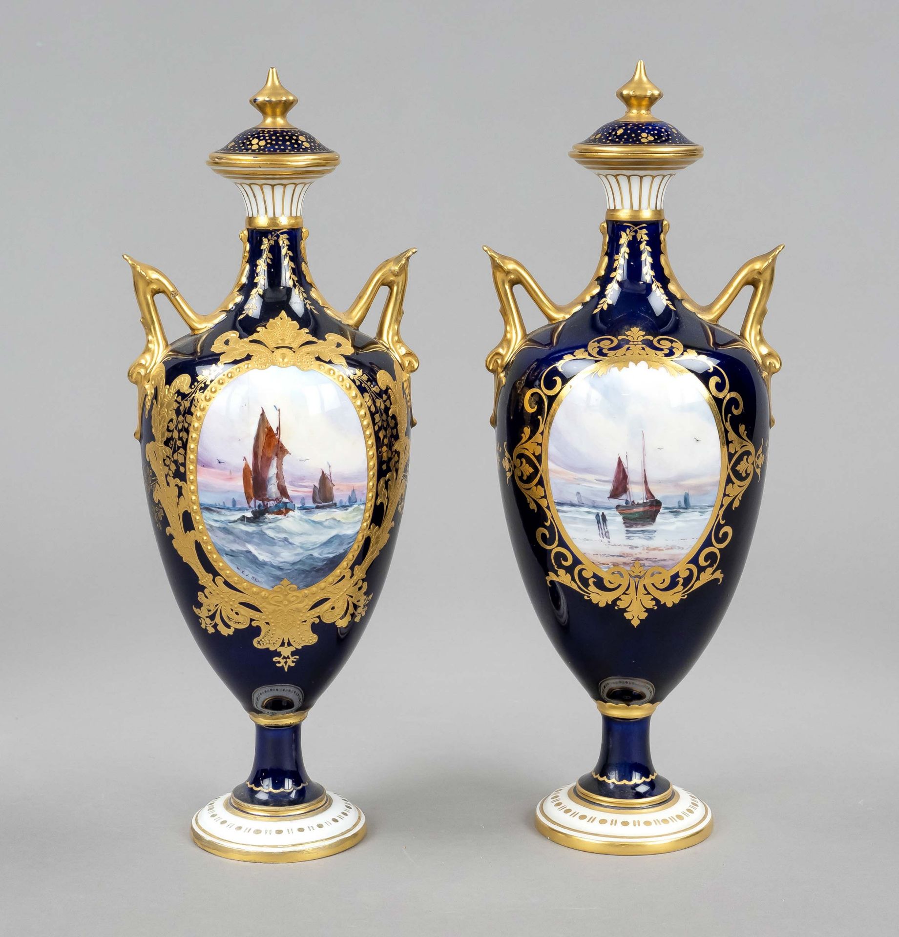 Pair of vases, Royal Crown Derby, England, 1920-30s, slender ovoid form with upturned handles, - Image 2 of 2