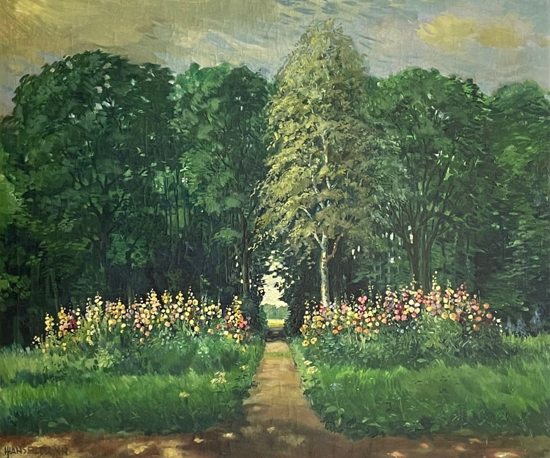 Hanselmann, Jean. 1888 - Hamburg - 1964. blooming hollyhocks at the edge of the forest. Oil/