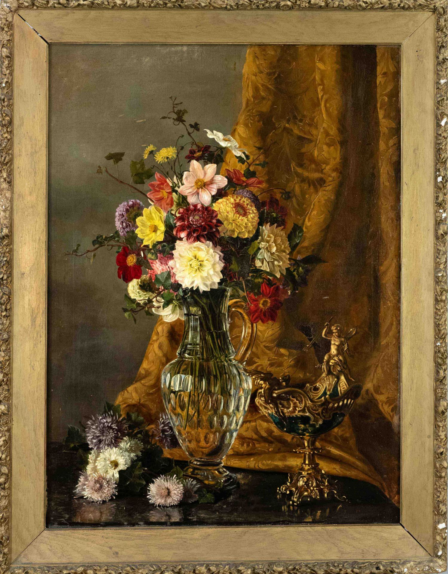 Unidentified painter late 19th c., Still life of flowers with nautilus shell, oil on canvas,