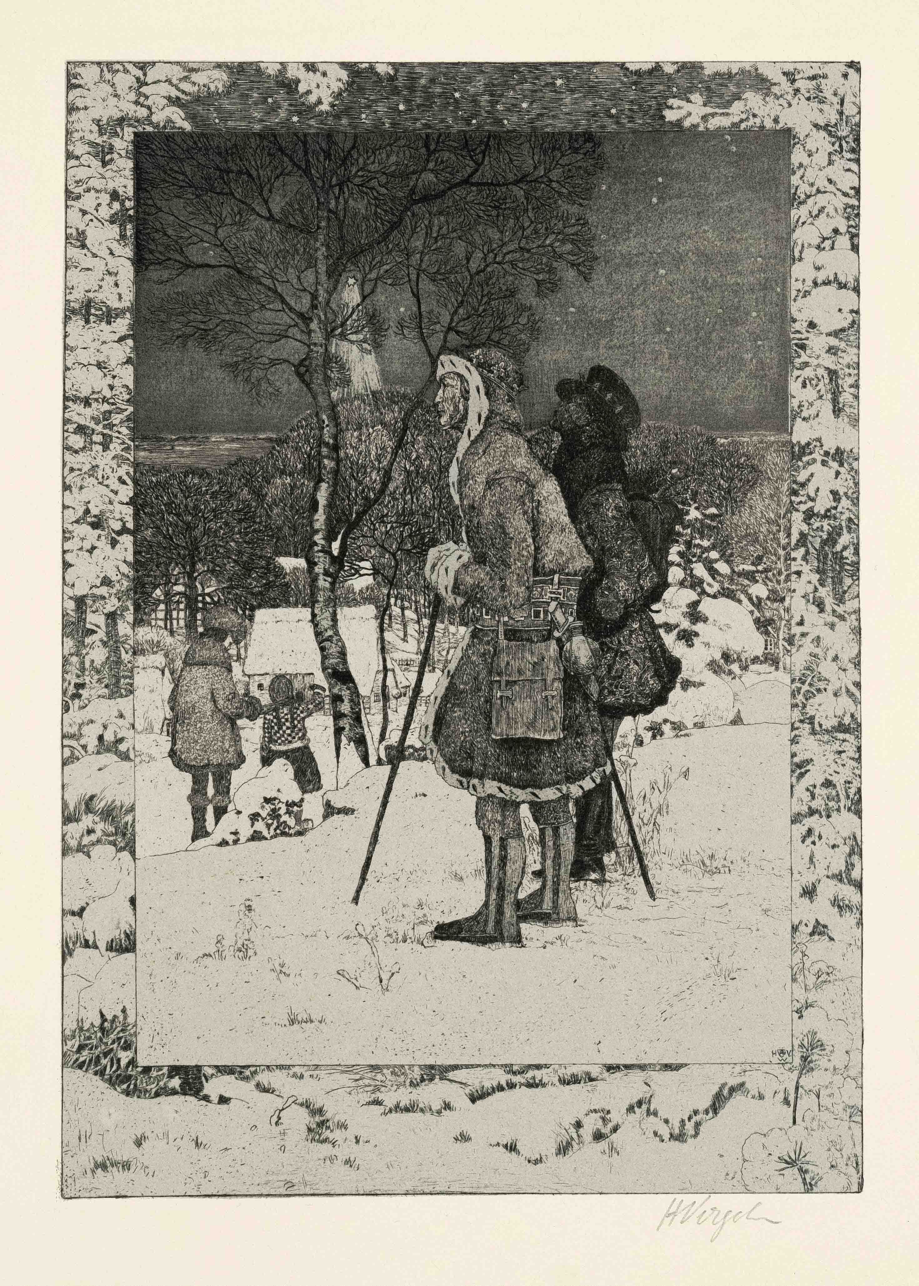 Vogeler, Heinrich. 1872 Bremen - 1942 Kazakhstan. Winter fairy tale. 1909. etching in blue-grey/