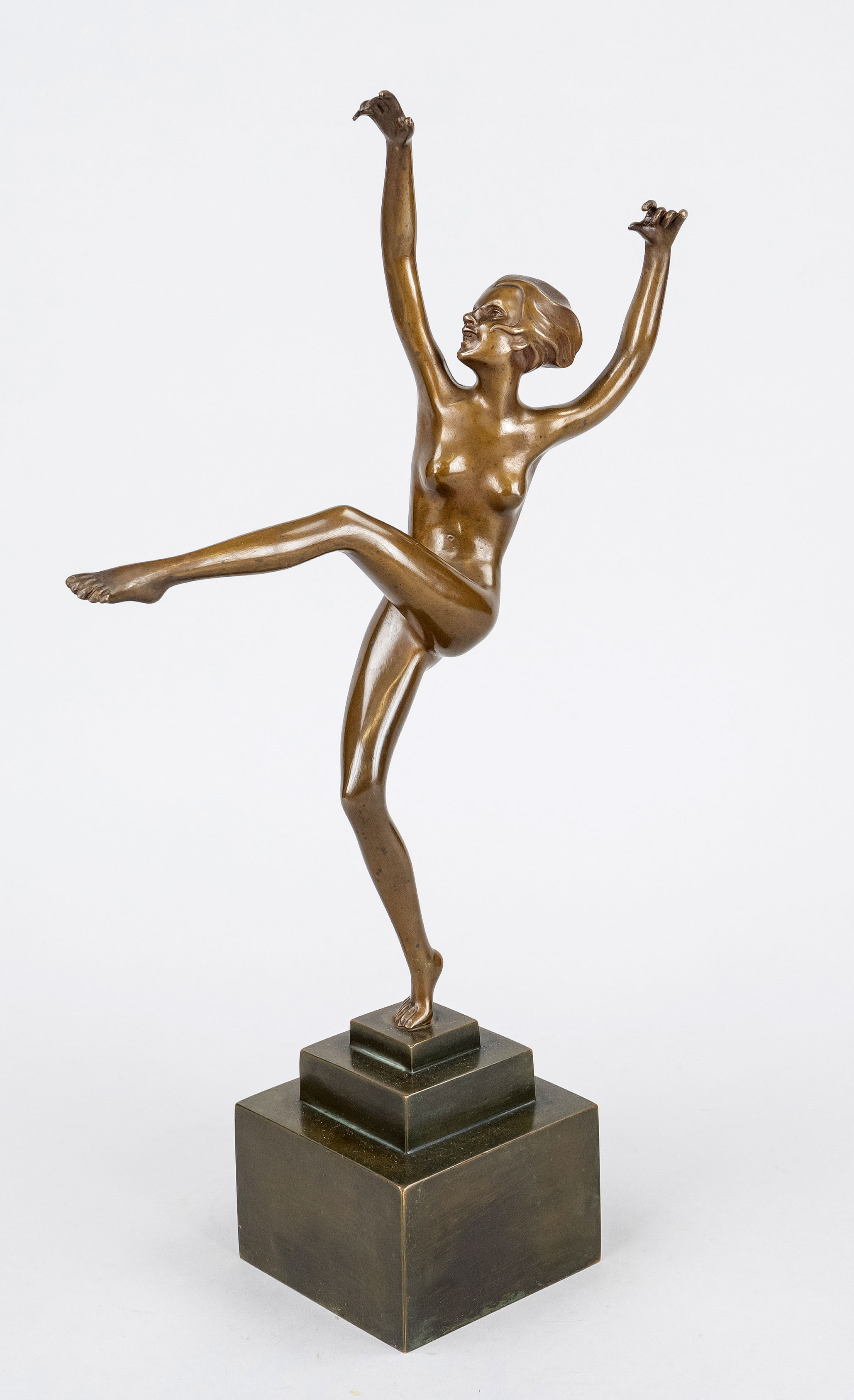 Sculptor c. 1920, Art Deco dancer, weaving nude in characteristic exuberant pose, golden brown