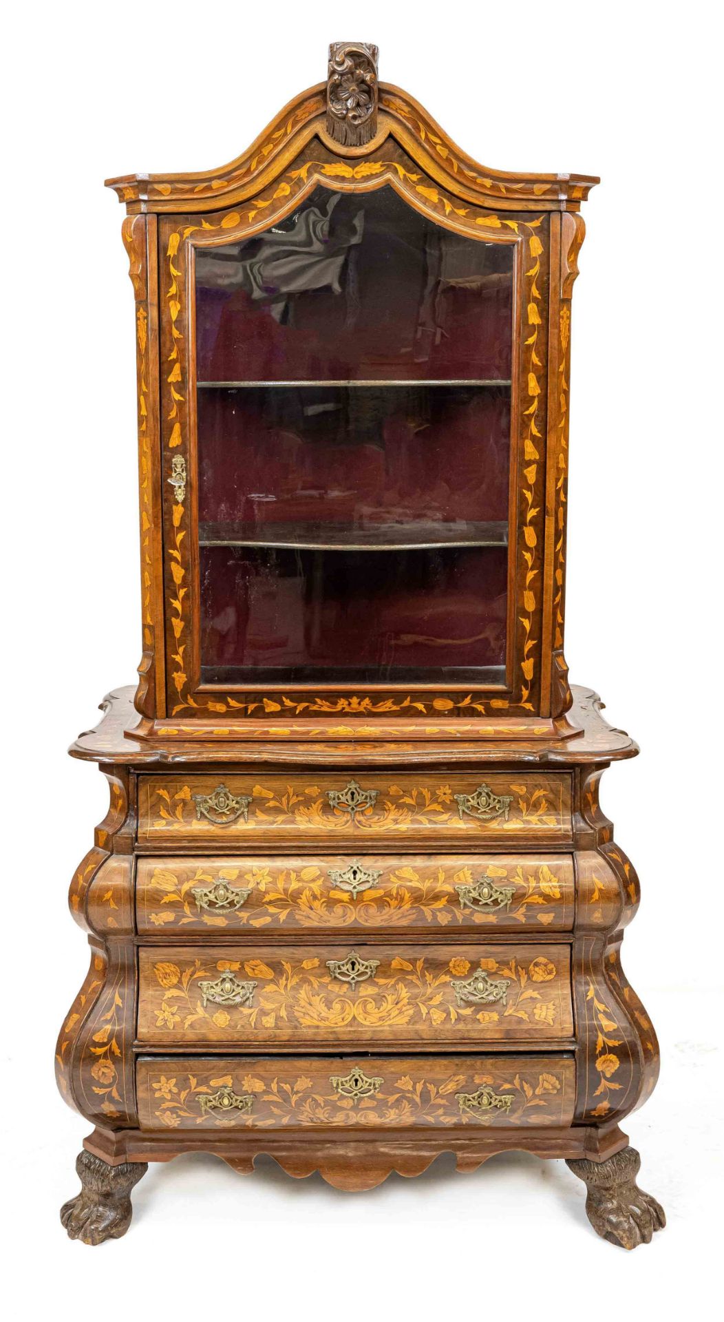 Dutch glass top cabinet, 19th c., walnut and other precious woods veneered and inlaid, bulbous