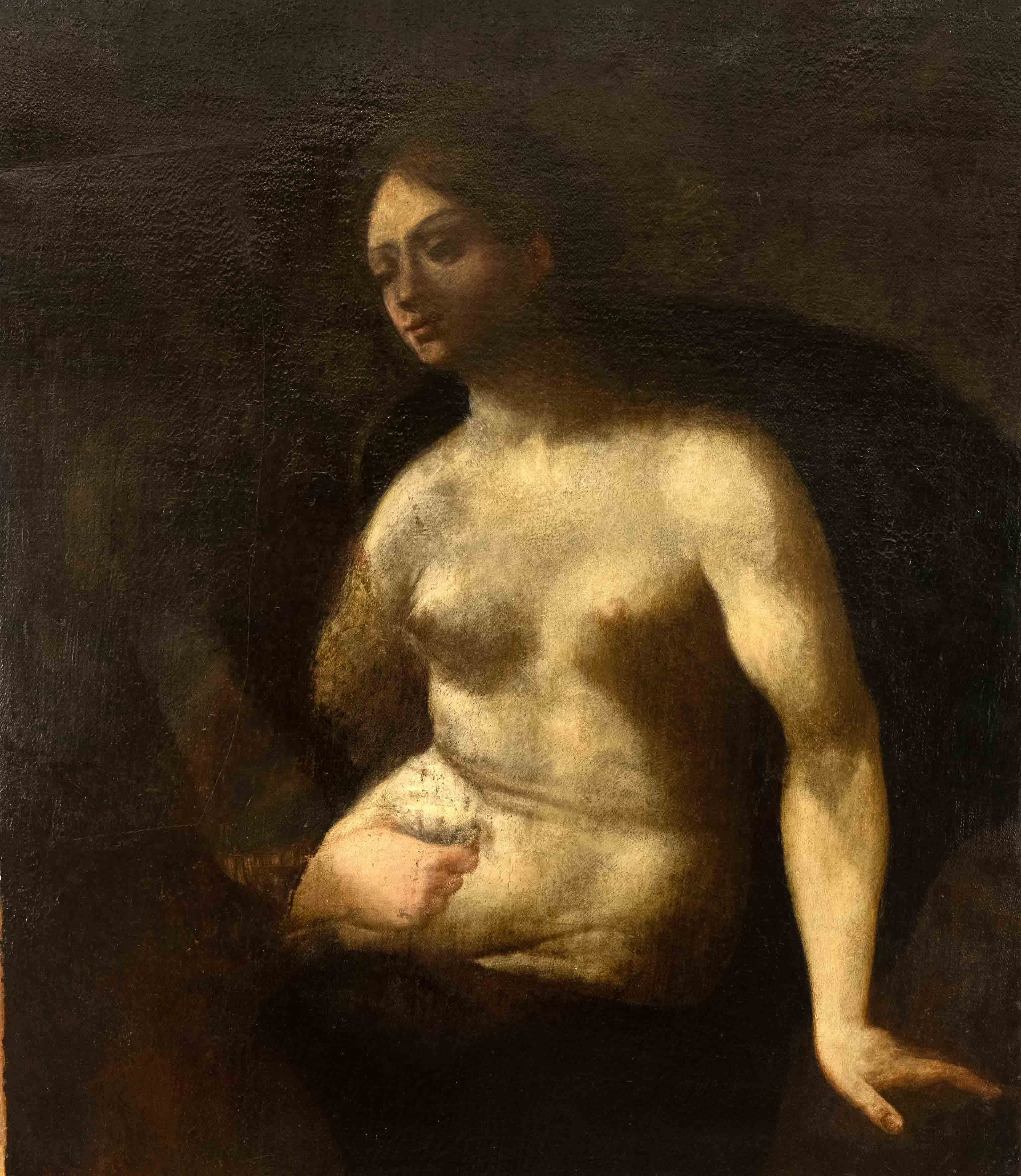 Italian painter of the 17th century, female nude with fragmentary figure at the left margin, oil