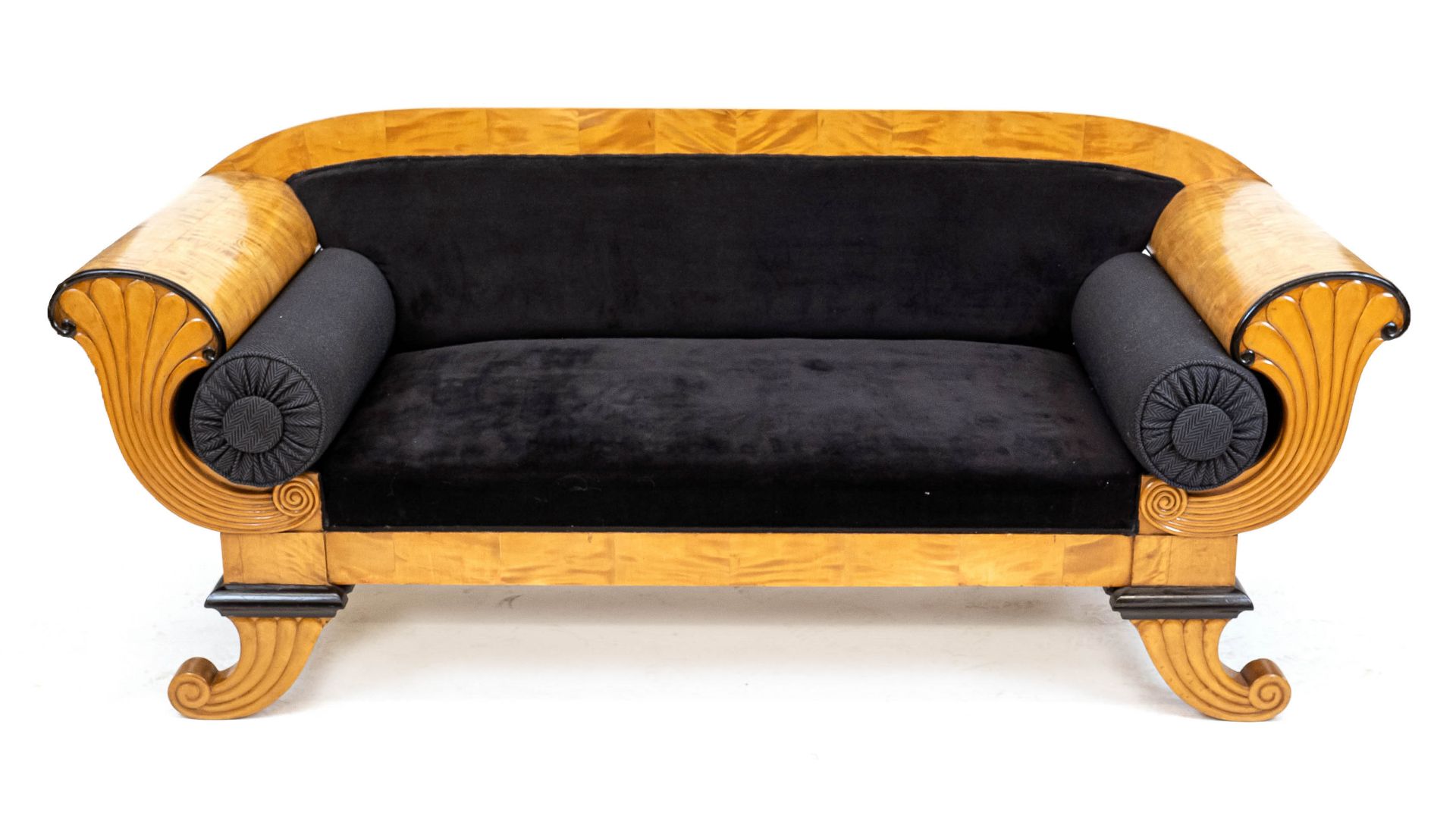 Biedermeier sofa around 1830, solid birch and veneered, old-restored, 82 x 197 x 70 cm.