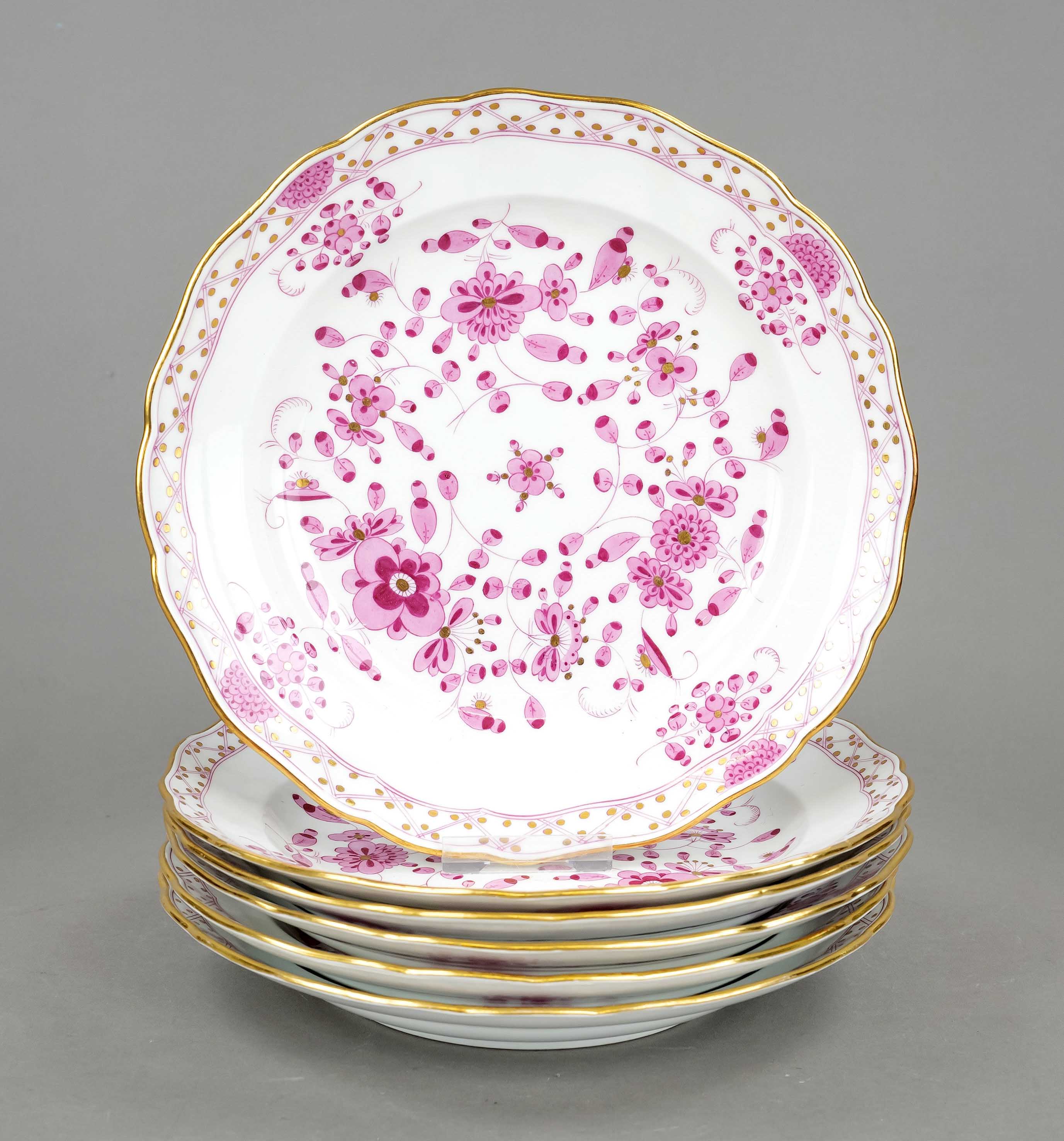 Six dinner plates, Meissen, pommel swords 1850-1924, 1st choice, form New Neckline, decor Indian