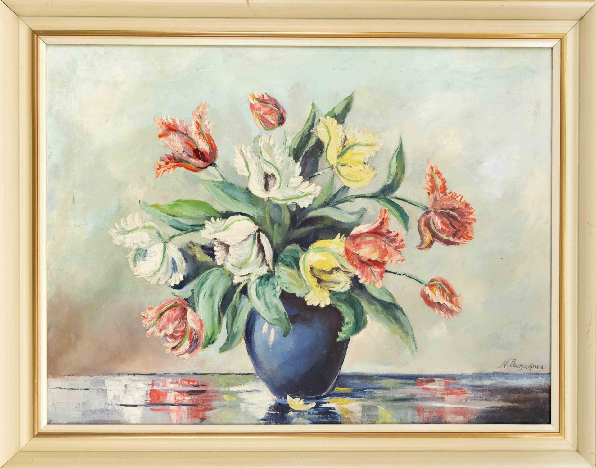 N. Badjakowa, mid-20th century, flower still life, oil on canvas, signed lower right, 60 x 80 cm,
