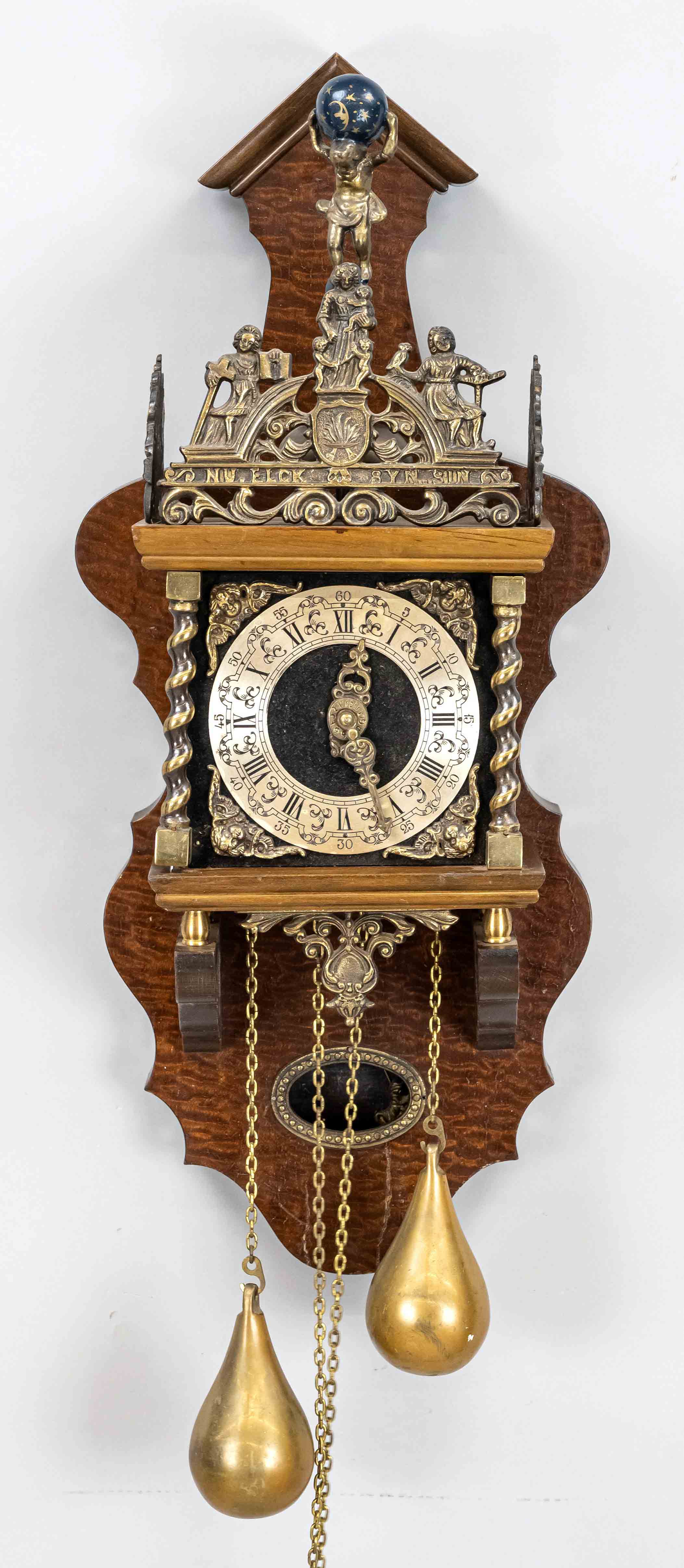 Small Frisian half case clock, 2nd half 20th c., with brass ornaments and coiled brass columns, 2