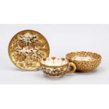 Set of 3 Satsuma, Japan, 20th c., ivory porcelain with crackle, gold paint and polychrome glaze