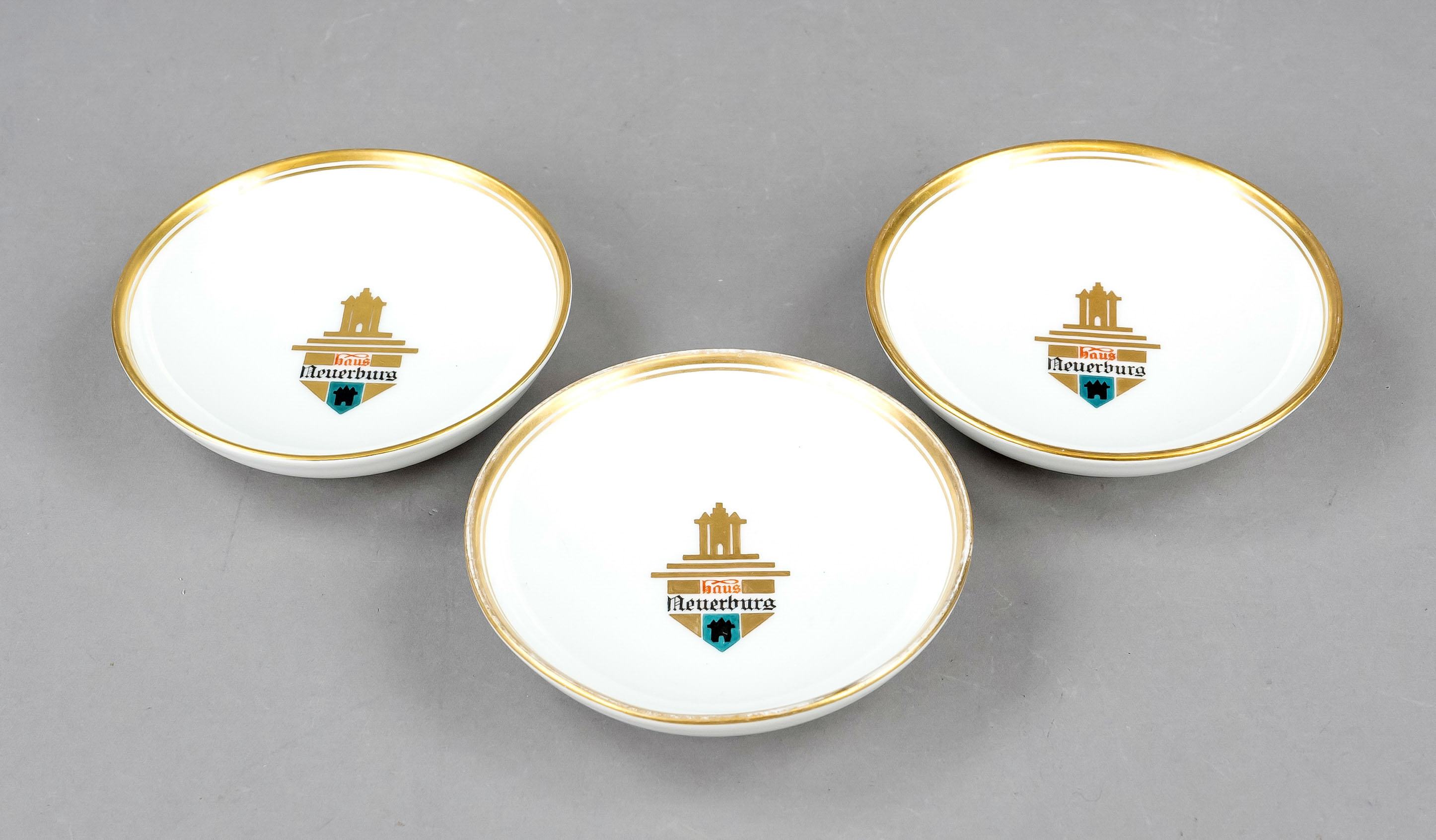 Three round bowls, KPM Berlin, 1920s, 1st choice, red imperial orb mark, in the mirror logo of the