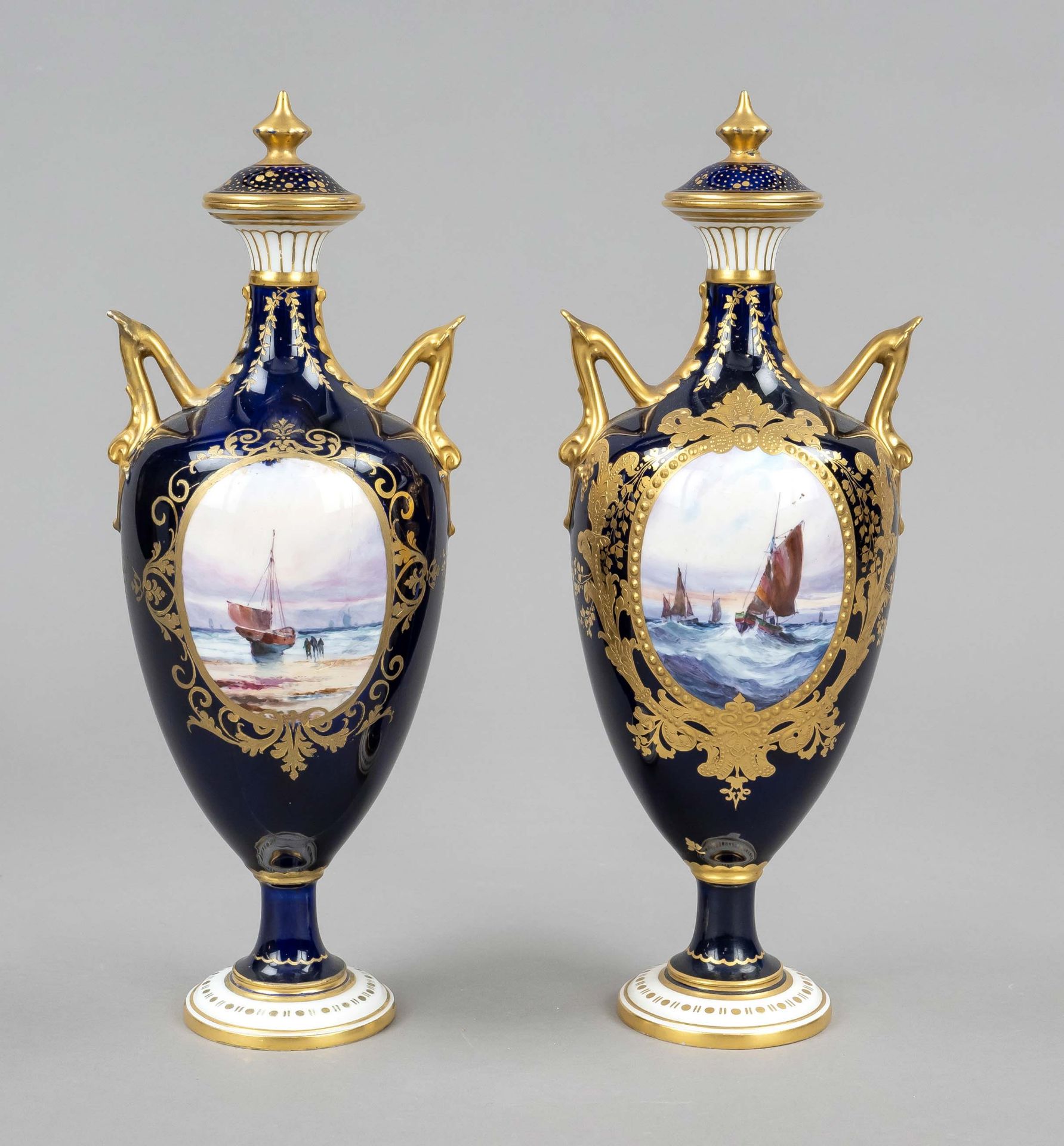Pair of vases, Royal Crown Derby, England, 1920-30s, slender ovoid form with upturned handles,