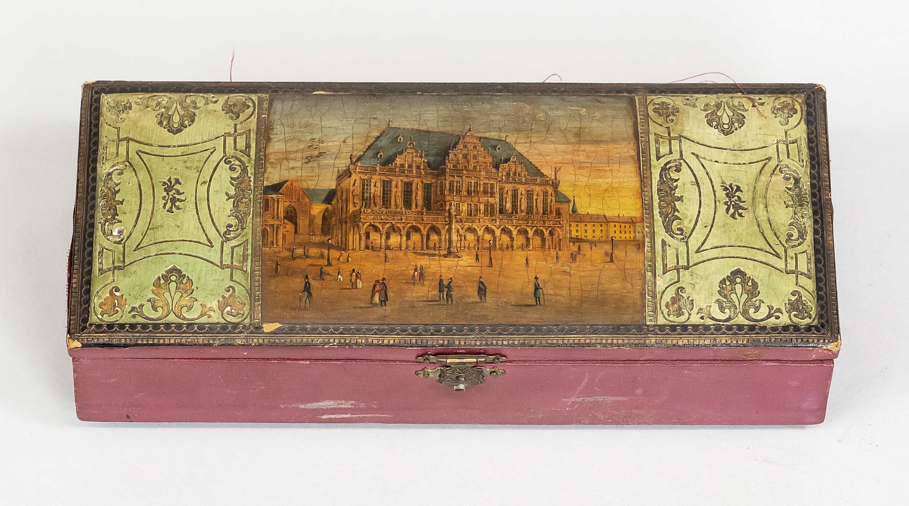 Bremensie - lidded box with view of Bremen town hall c. 1880. softwood, reddish stained, rectangular