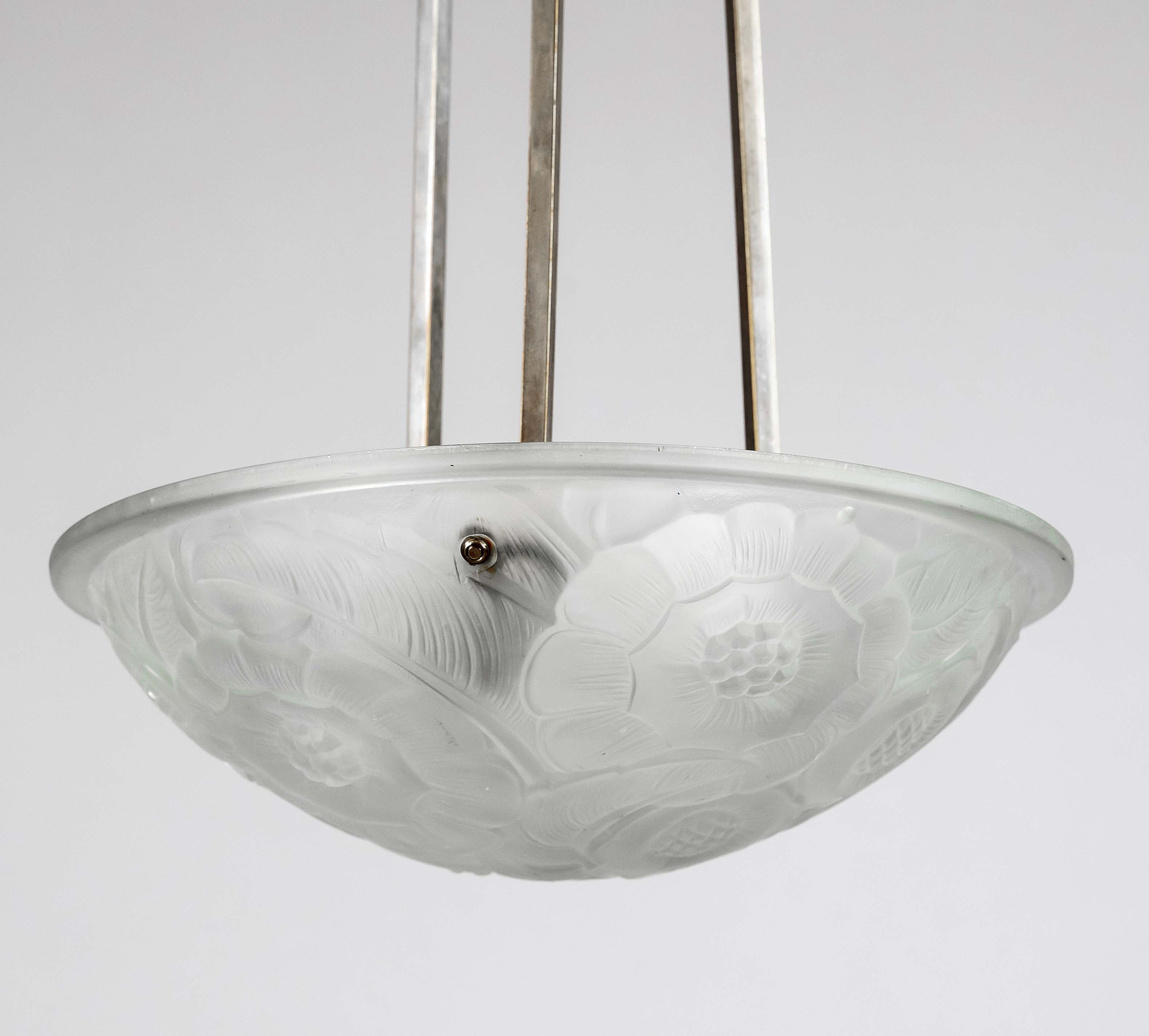 Art deco ceiling lamp, 1930s. Three-piece chromium-plated frame with ornamented ceiling part. Etched