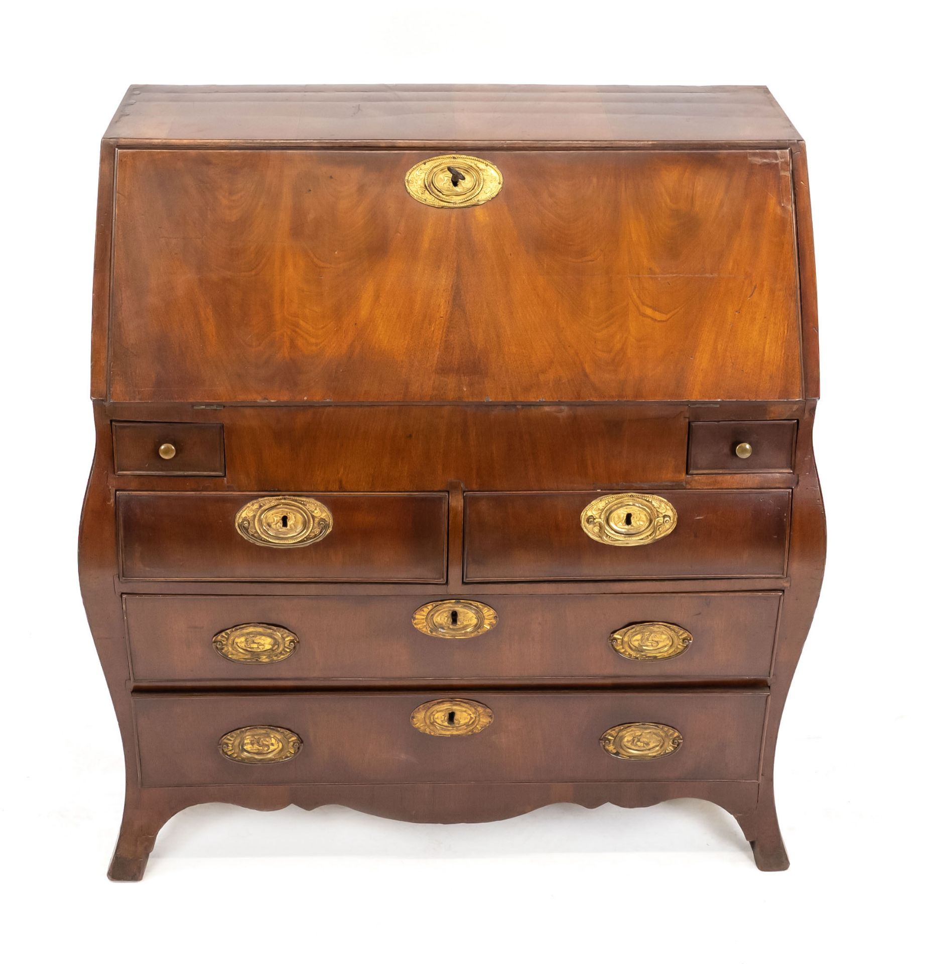 Baroque slanted flap secretary, 18th century, solid mahogany/veneered, cambered corpus with 7