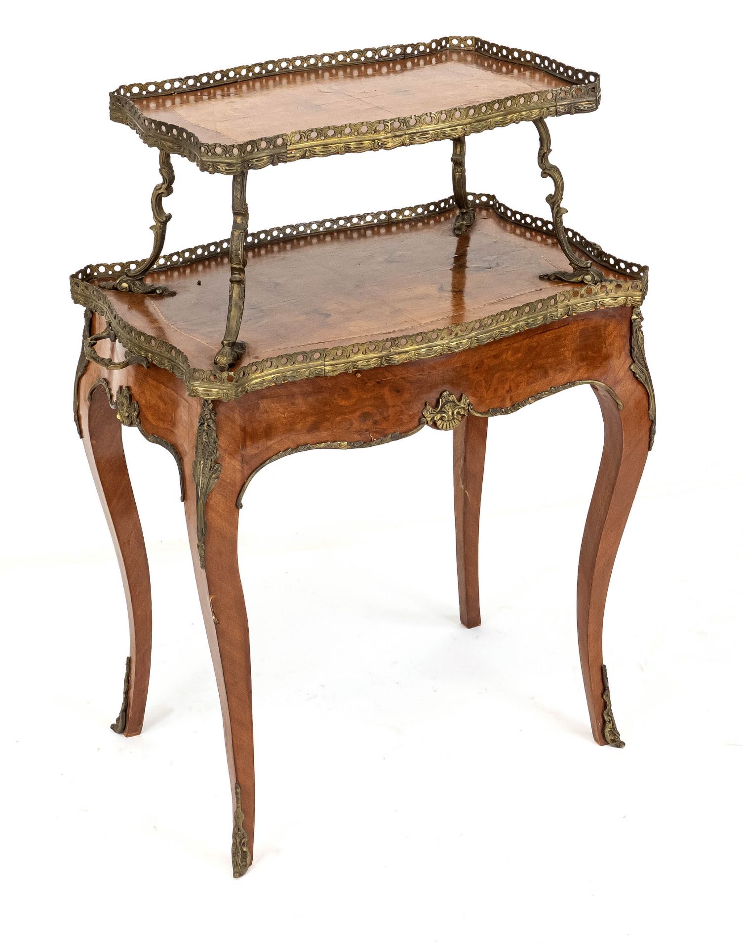 Side table with shelf, France 20th c., walnut and burr walnut, brass frame and applications, 99 x 77